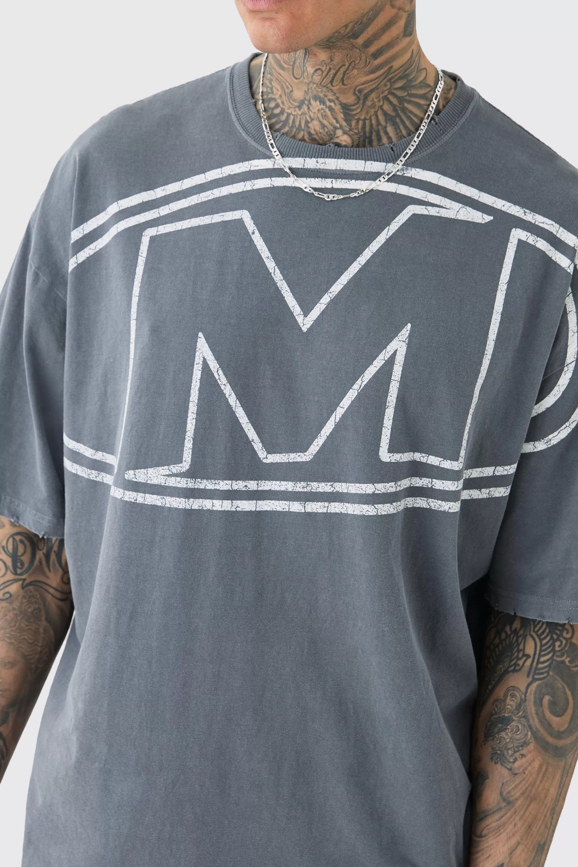 boohooMAN Tall Distressed Oversized Overdye Logo Graphic T-shirt | UK charcoal Clearance