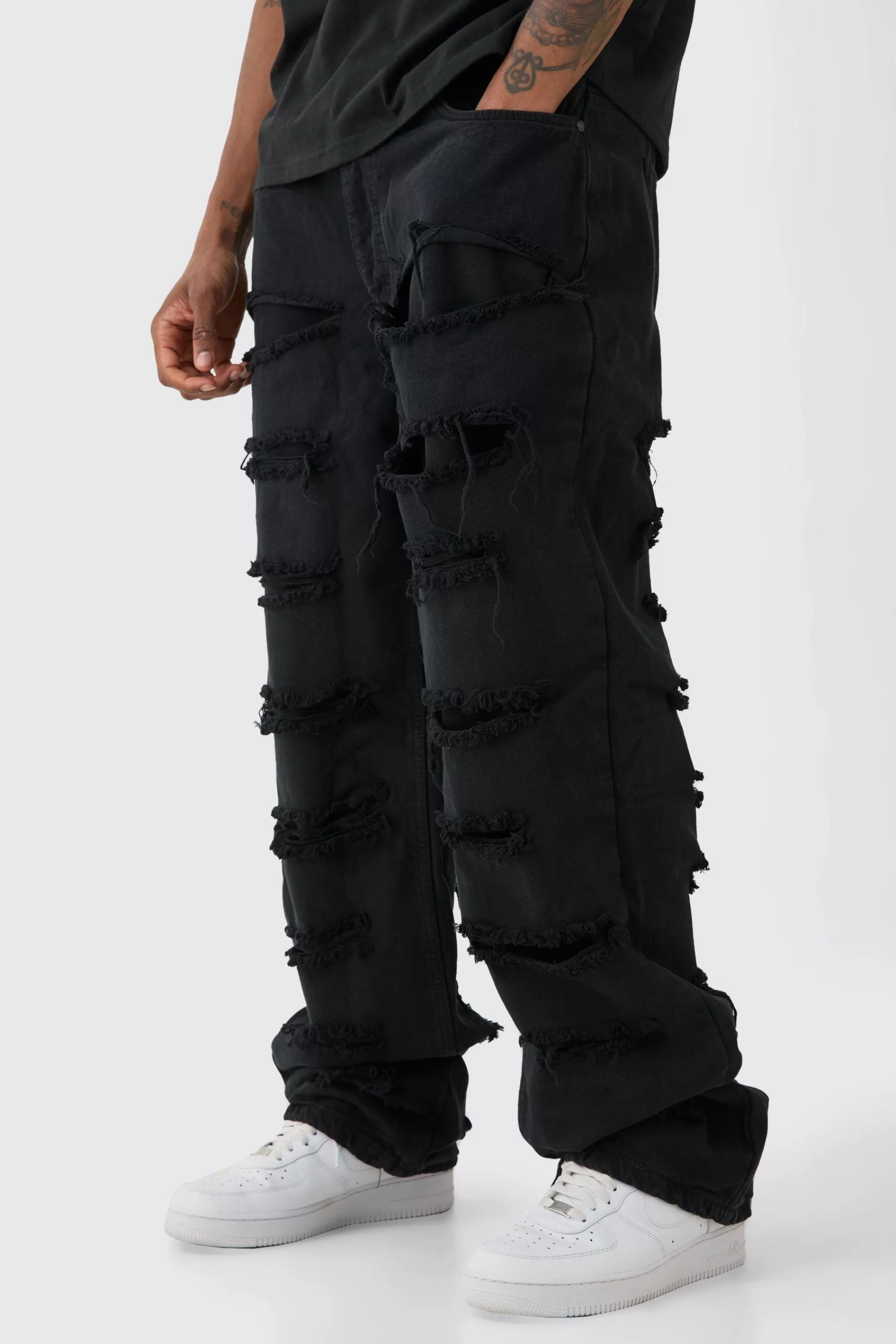 boohooMAN Tall Distressed Twill Overdyed Trouser In | UK washed black Sale