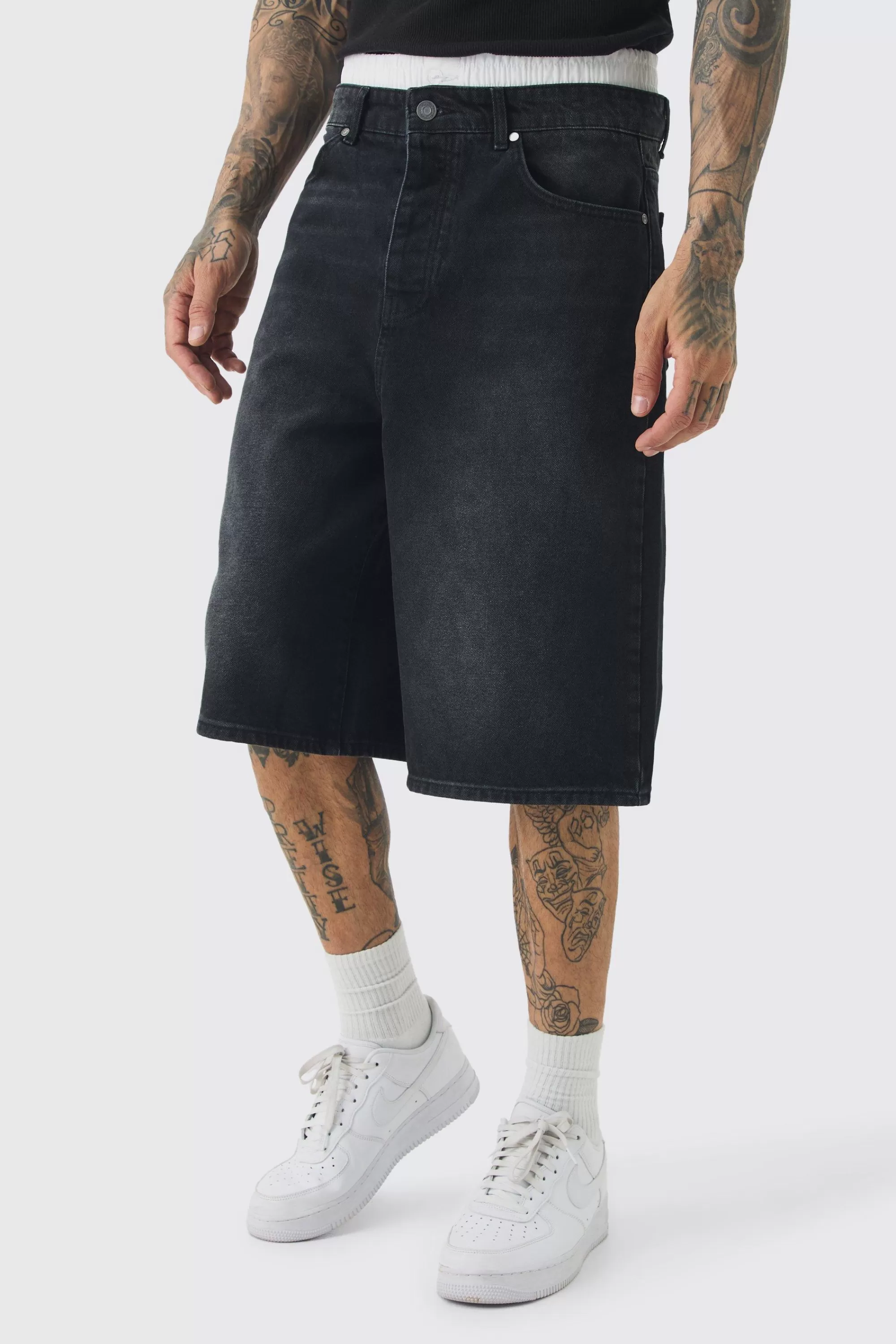 boohooMAN Tall Double Waist Band Denim Jorts In | UK black Outlet