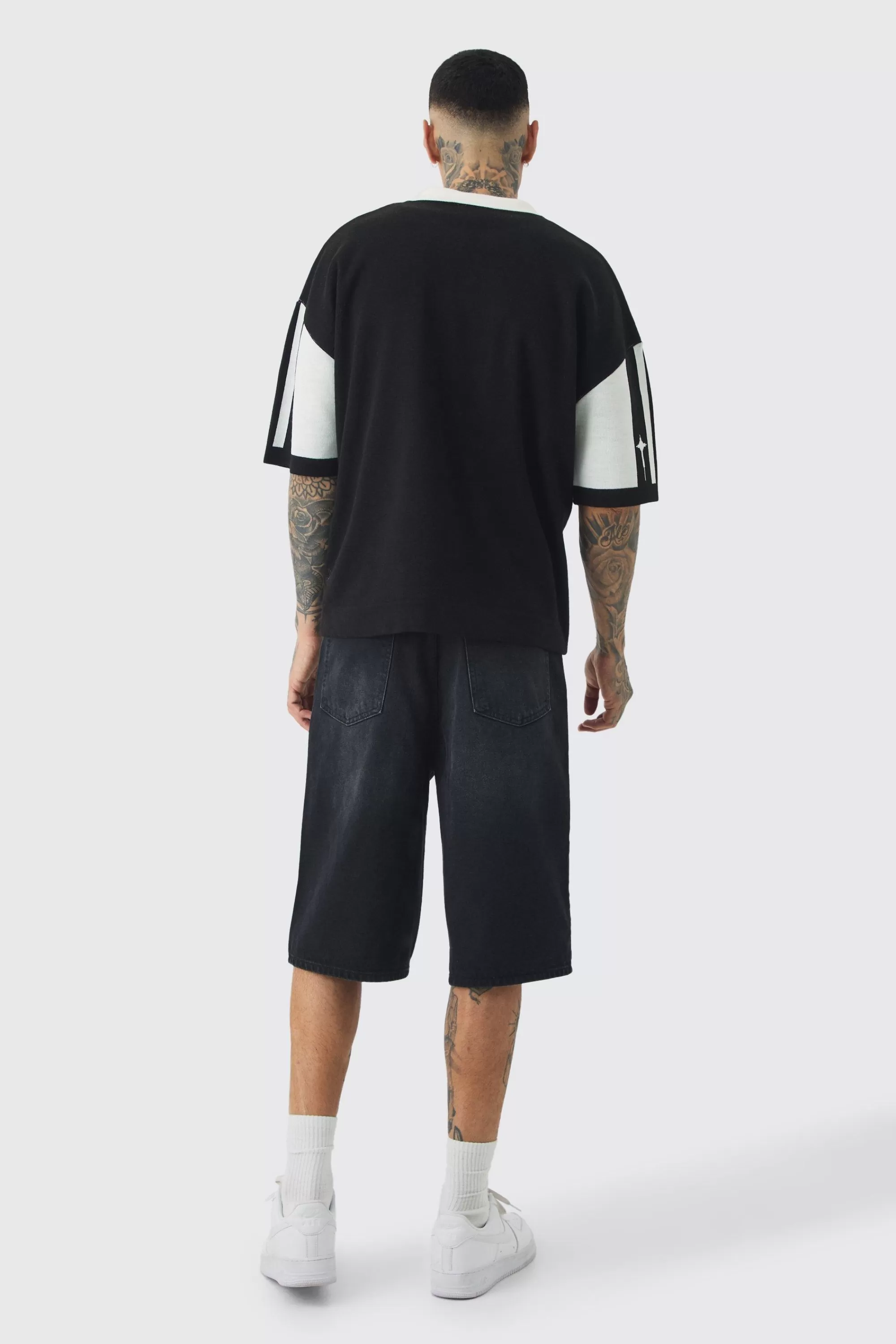 boohooMAN Tall Double Waist Band Denim Jorts In | UK black Outlet