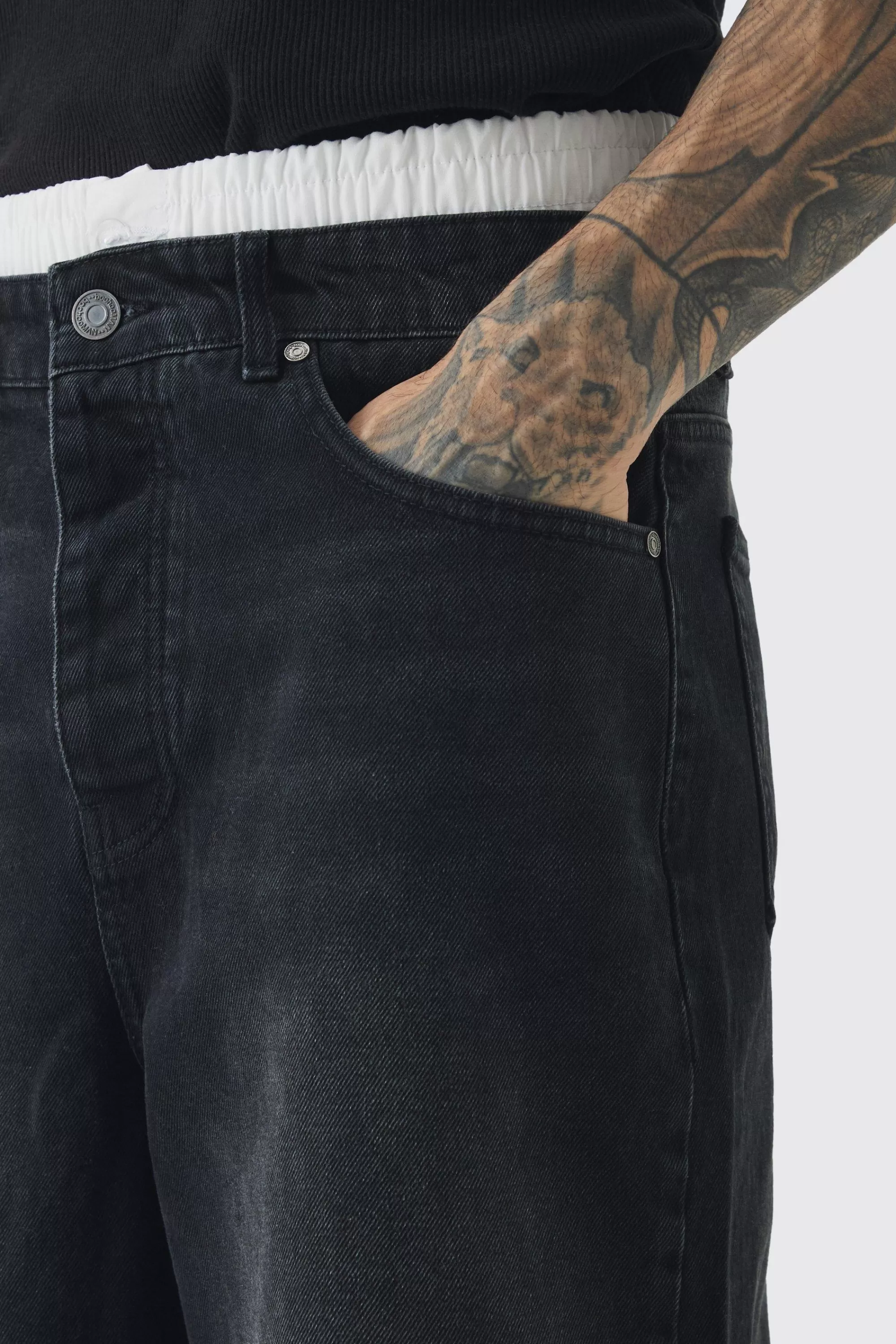 boohooMAN Tall Double Waist Band Denim Jorts In | UK black Outlet