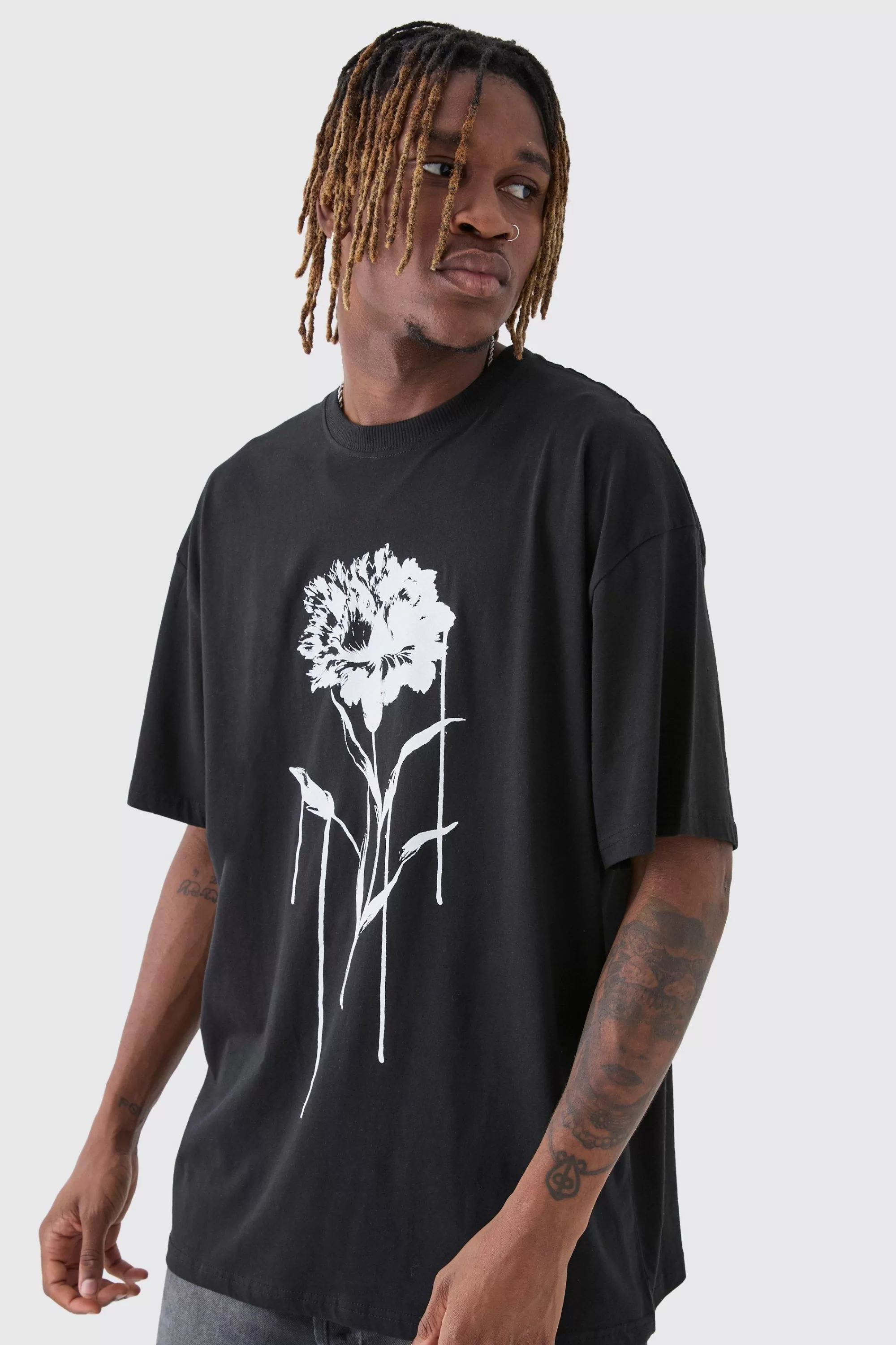 boohooMAN Tall Drip Floral Print Oversized T-Shirt | UK black Best Sale