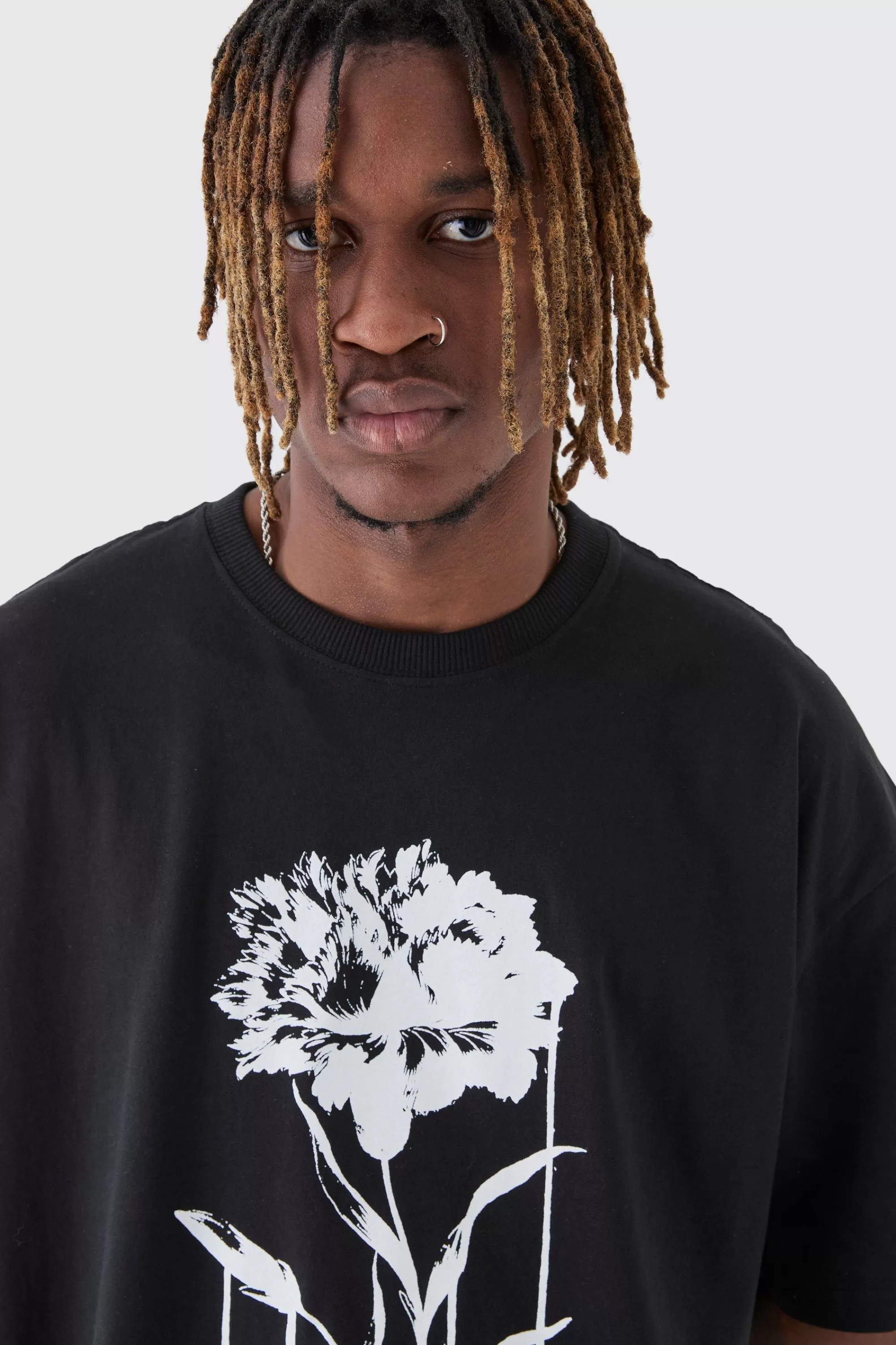 boohooMAN Tall Drip Floral Print Oversized T-Shirt | UK black Best Sale
