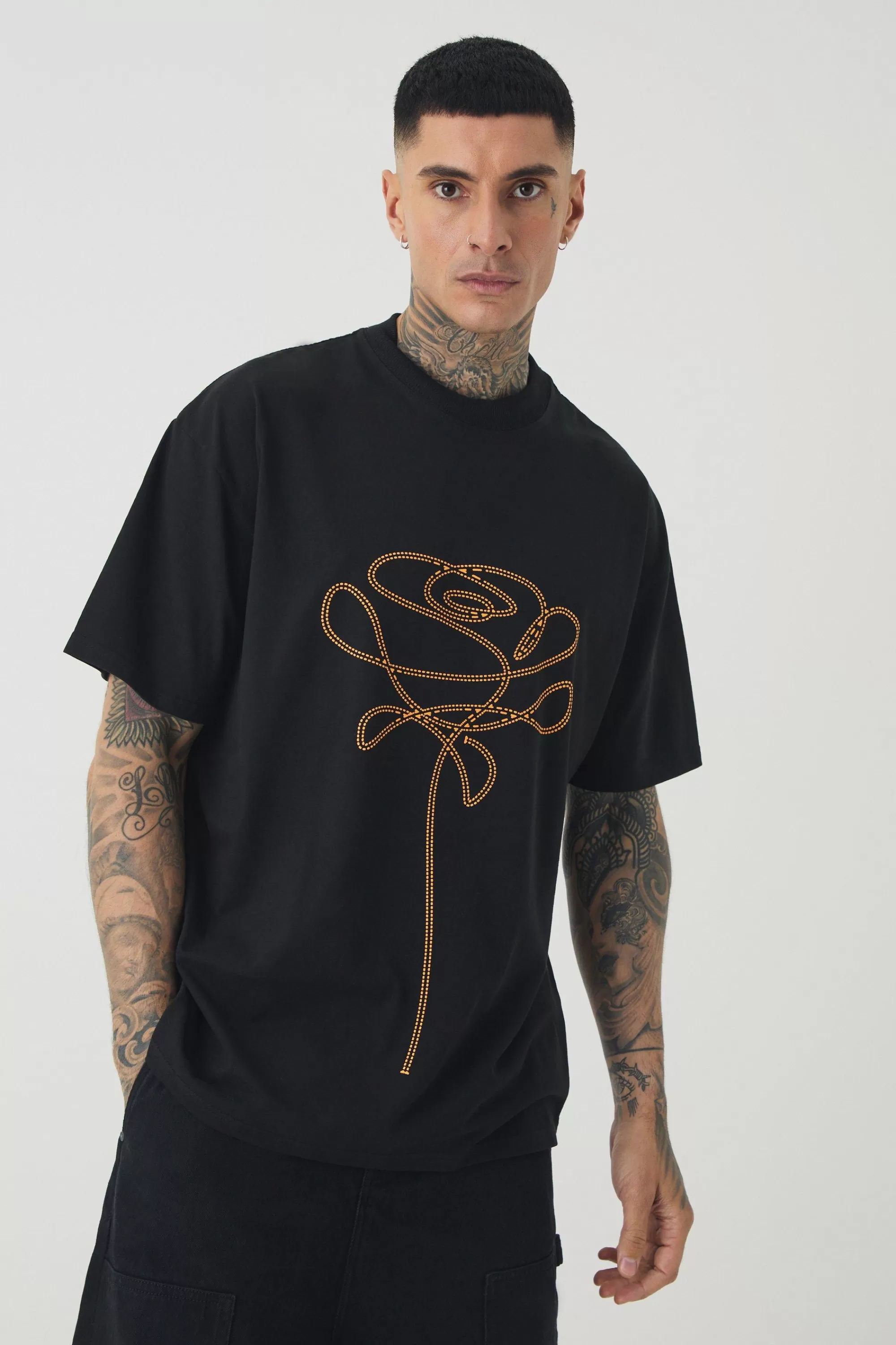 boohooMAN Tall Extended Neck Flower Print T-shirt | UK black Store