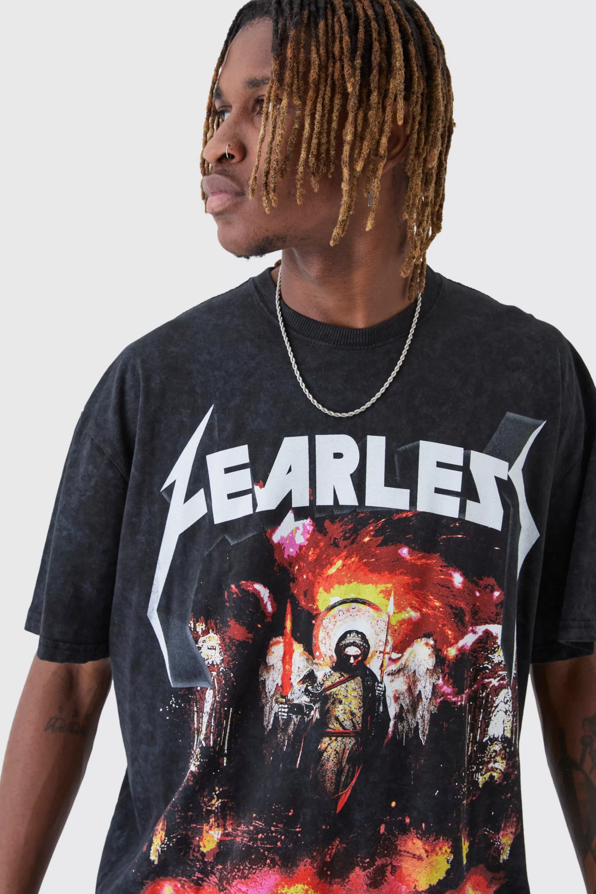 boohooMAN Tall Fearless Print Oversized Washed T-shirt In | UK charcoal Flash Sale