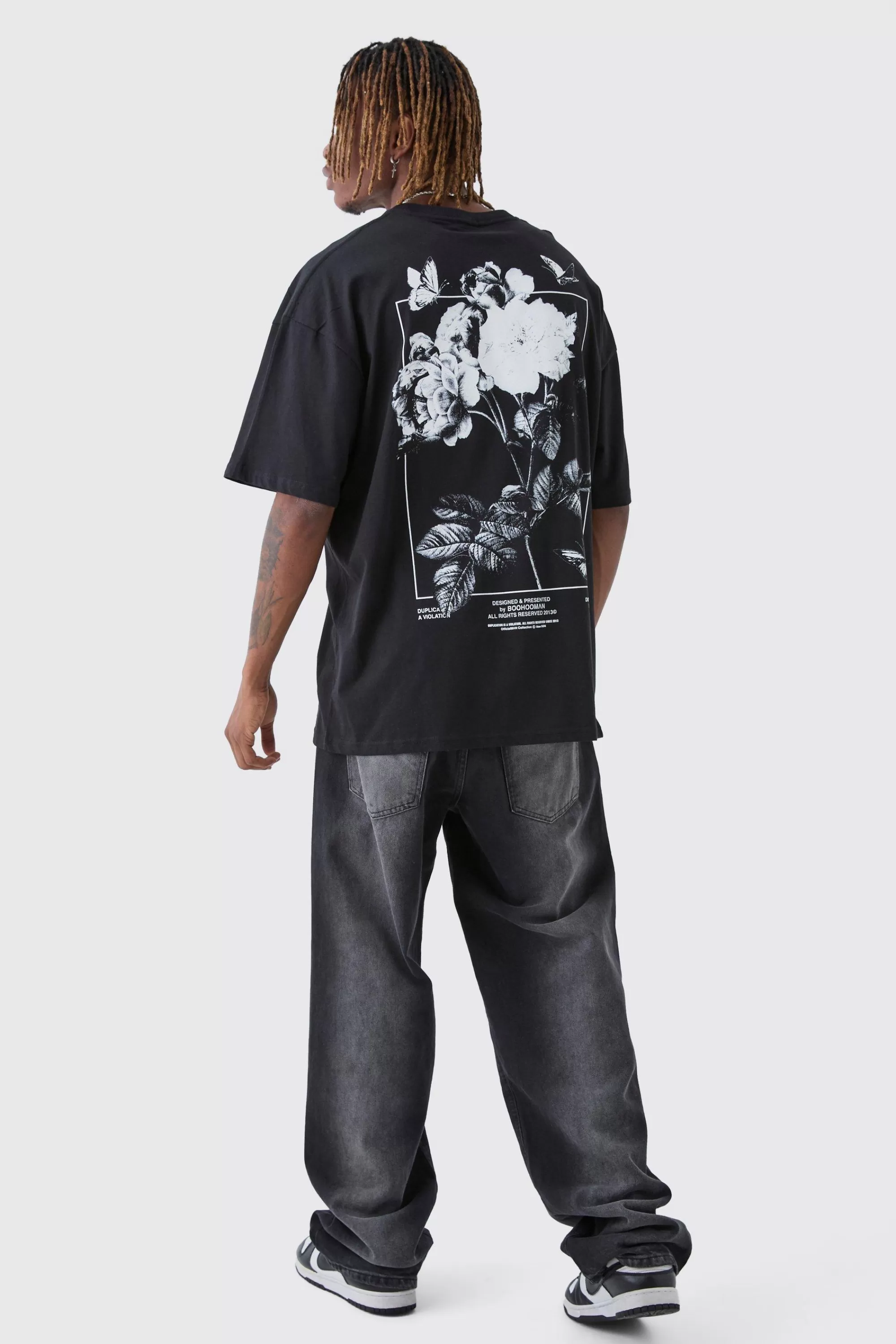 boohooMAN Tall Floral Butterfly Graphic Back Printed T-Shirt | UK black Online