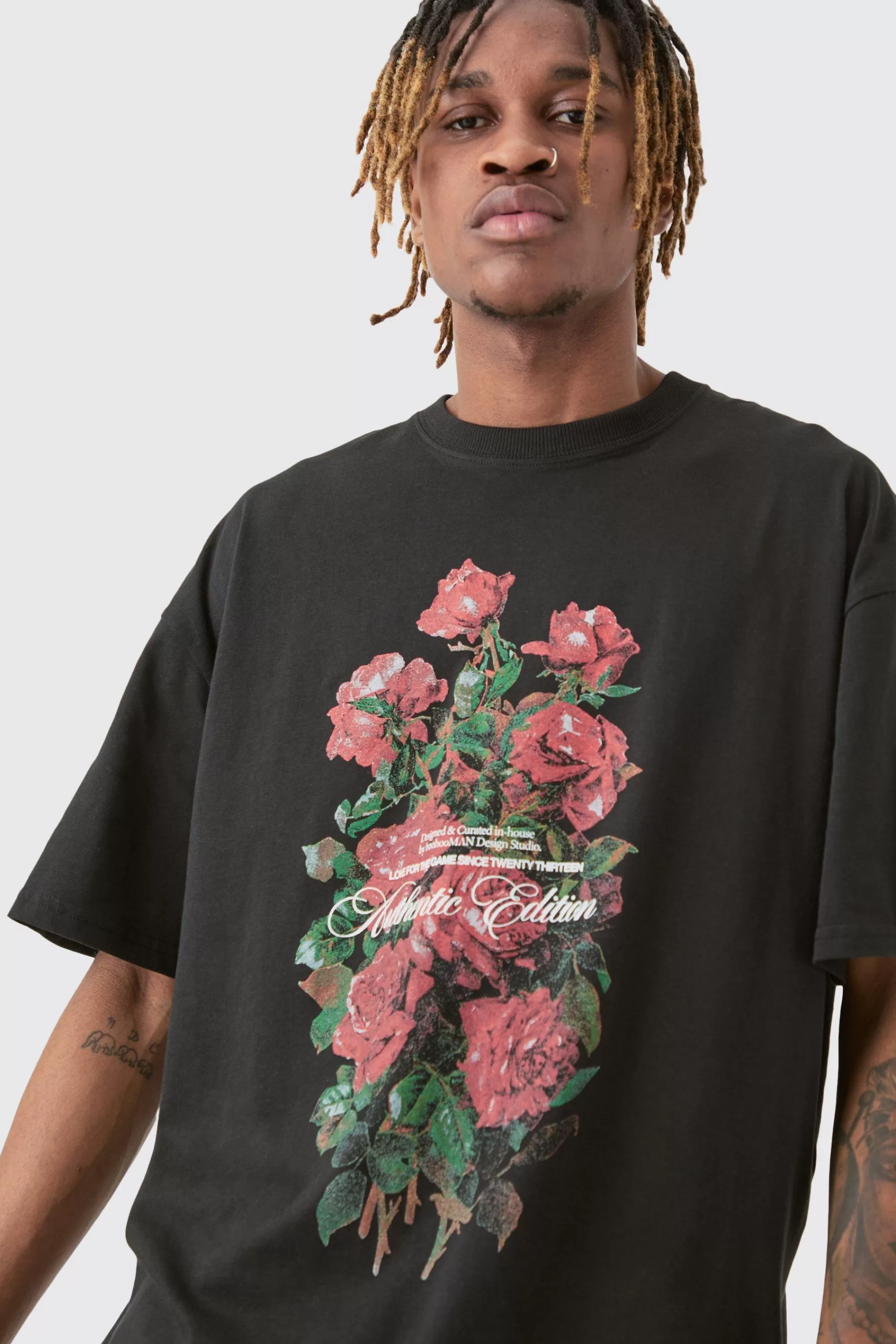 boohooMAN Tall Floral Graphic T-shirt | UK black Clearance