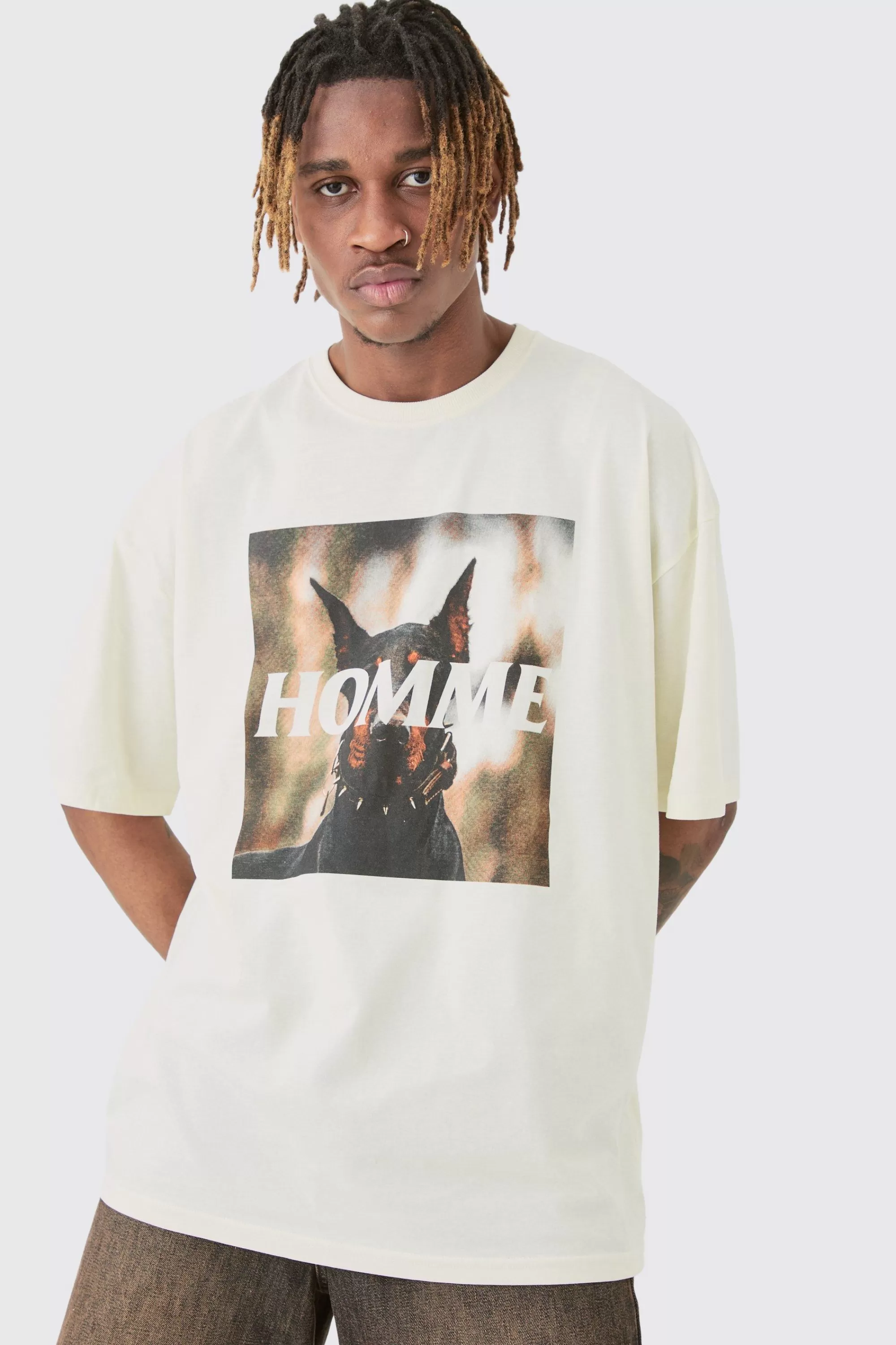 boohooMAN Tall Homme Dobermann Printed Graphic Oversized T-shirt | UK ecru New