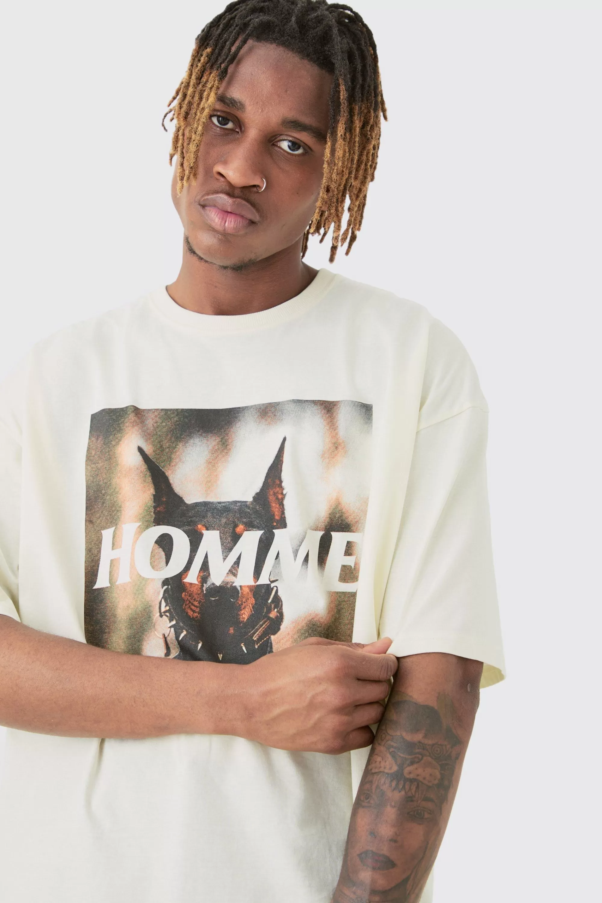 boohooMAN Tall Homme Dobermann Printed Graphic Oversized T-shirt | UK ecru New
