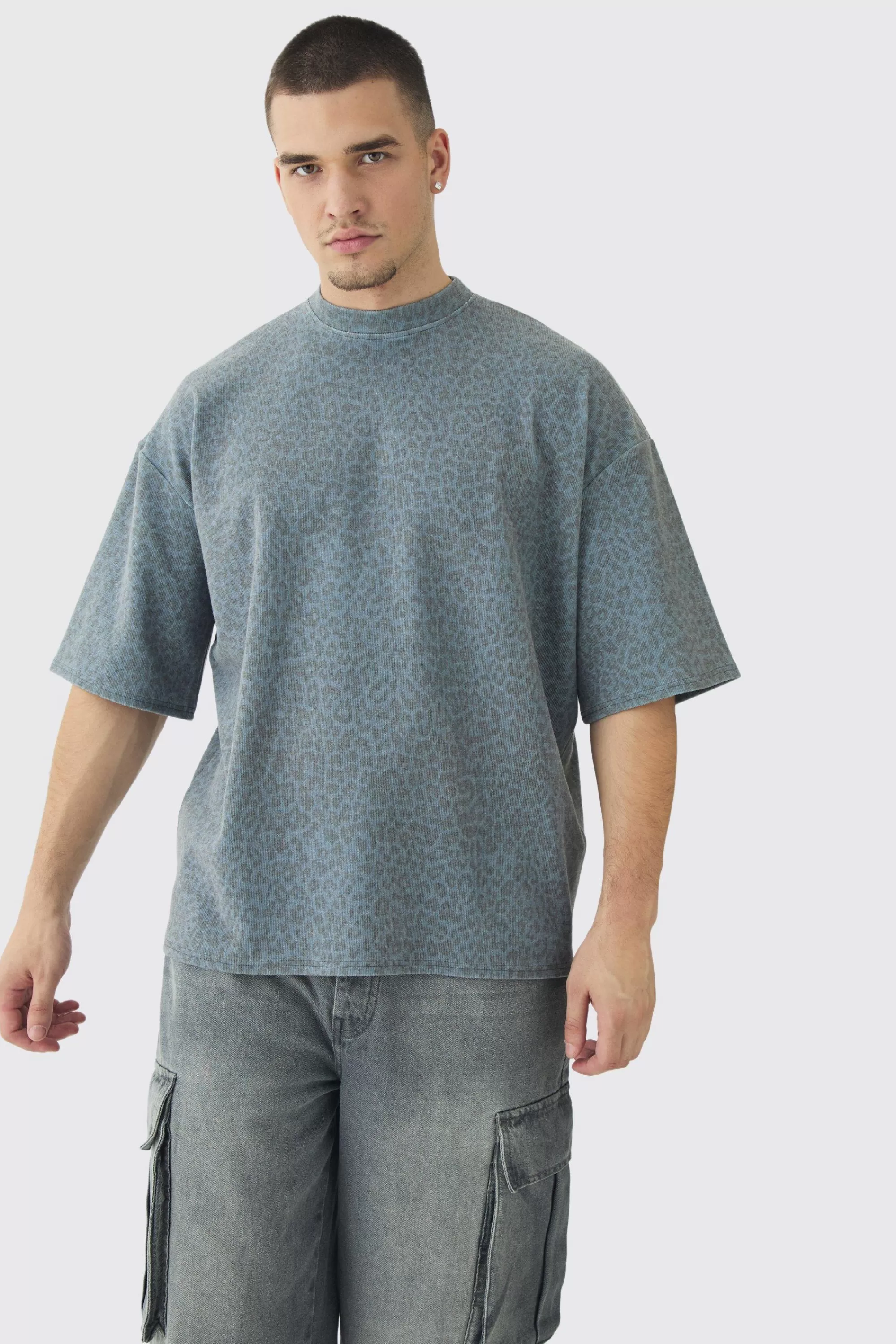 boohooMAN Tall Leopard Compact Rib Boxy Oversized T-Shirt | UK grey Online