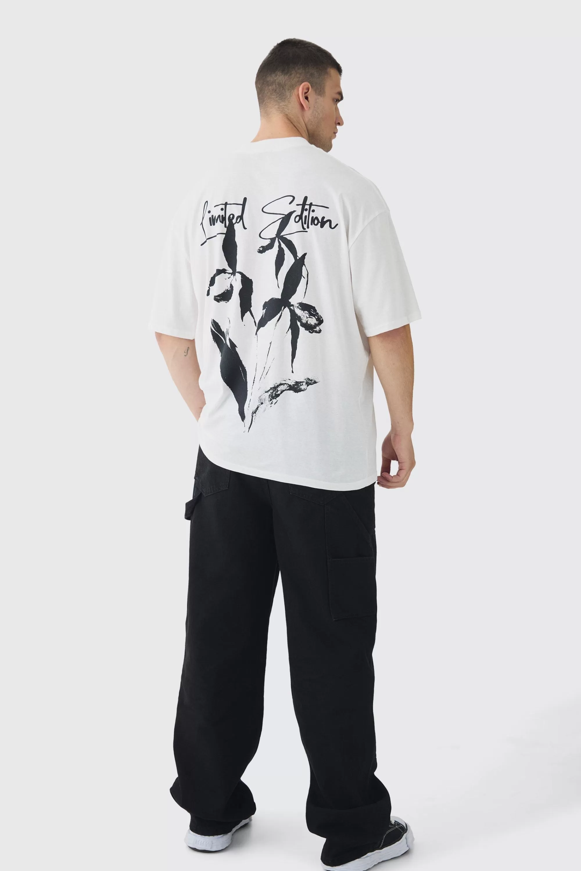 boohooMAN Tall Limited Edition Floral Line Drawing Extended Neck T-Shirt | UK white Flash Sale