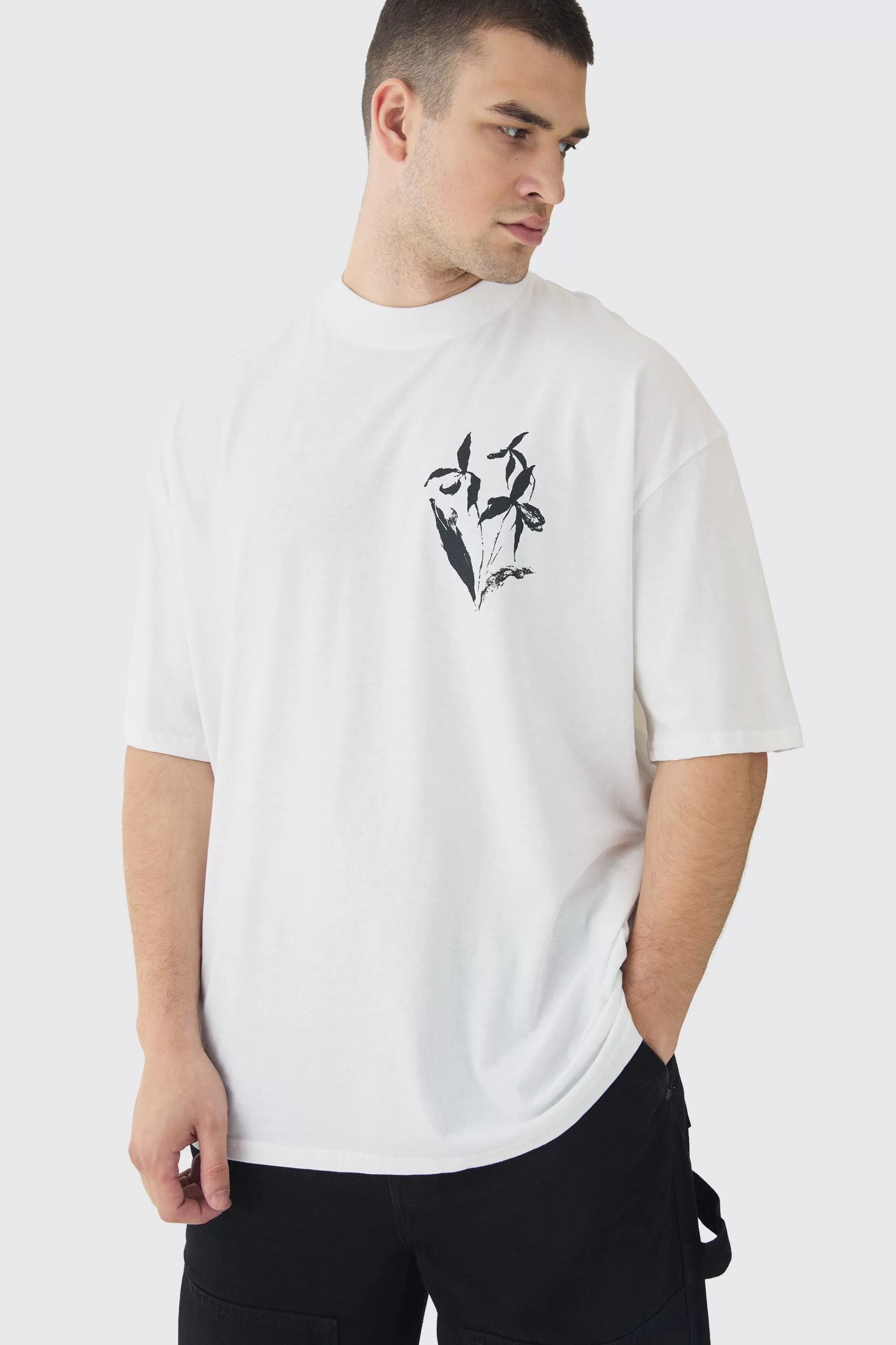 boohooMAN Tall Limited Edition Floral Line Drawing Extended Neck T-Shirt | UK white Flash Sale