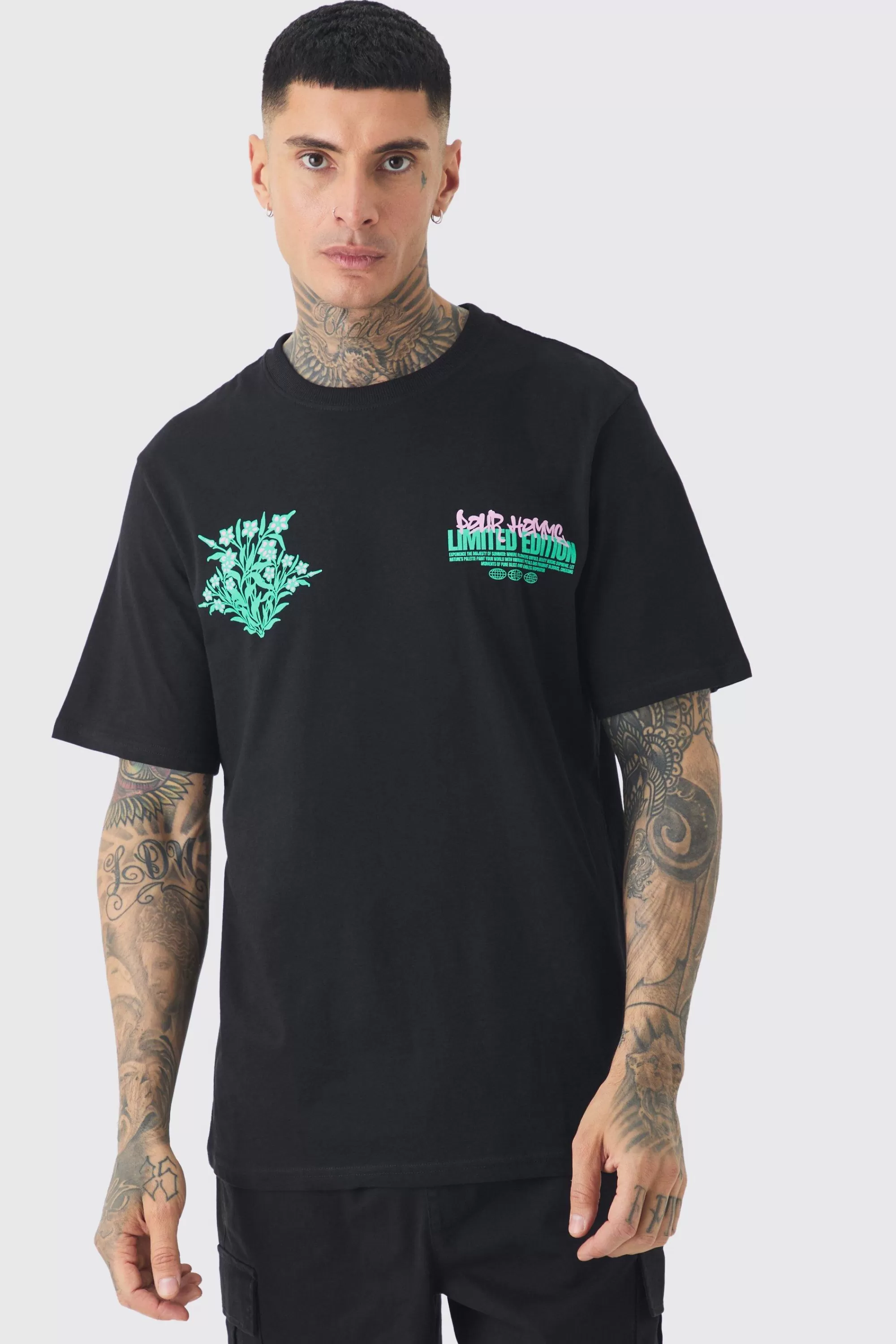 boohooMAN Tall Limited Edition Floral Print T-shirt | UK black Store