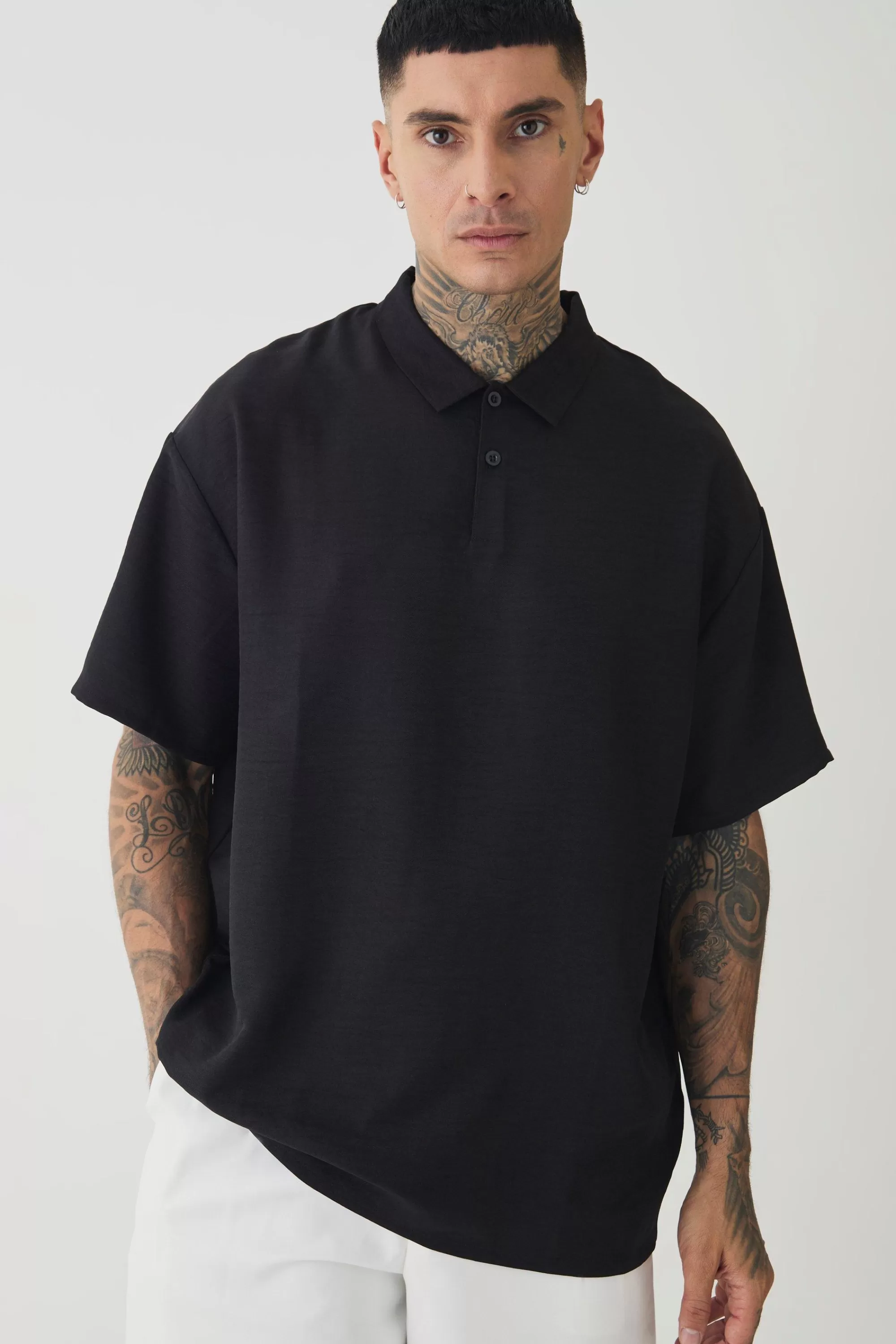 boohooMAN Tall Linen Polo In | UK black Cheap