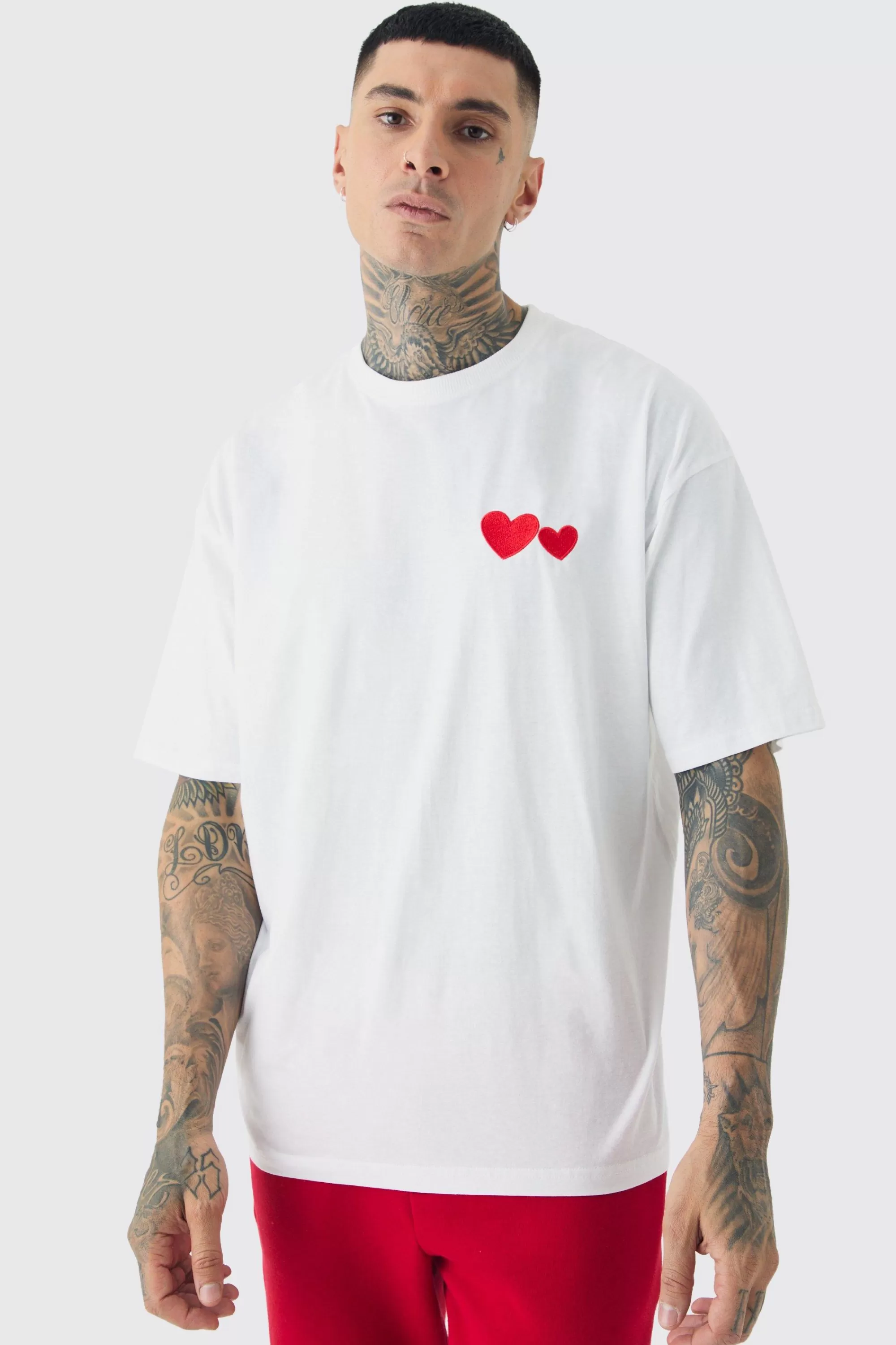 boohooMAN Tall Love Heart Embroidered T-shirt In | UK white Hot