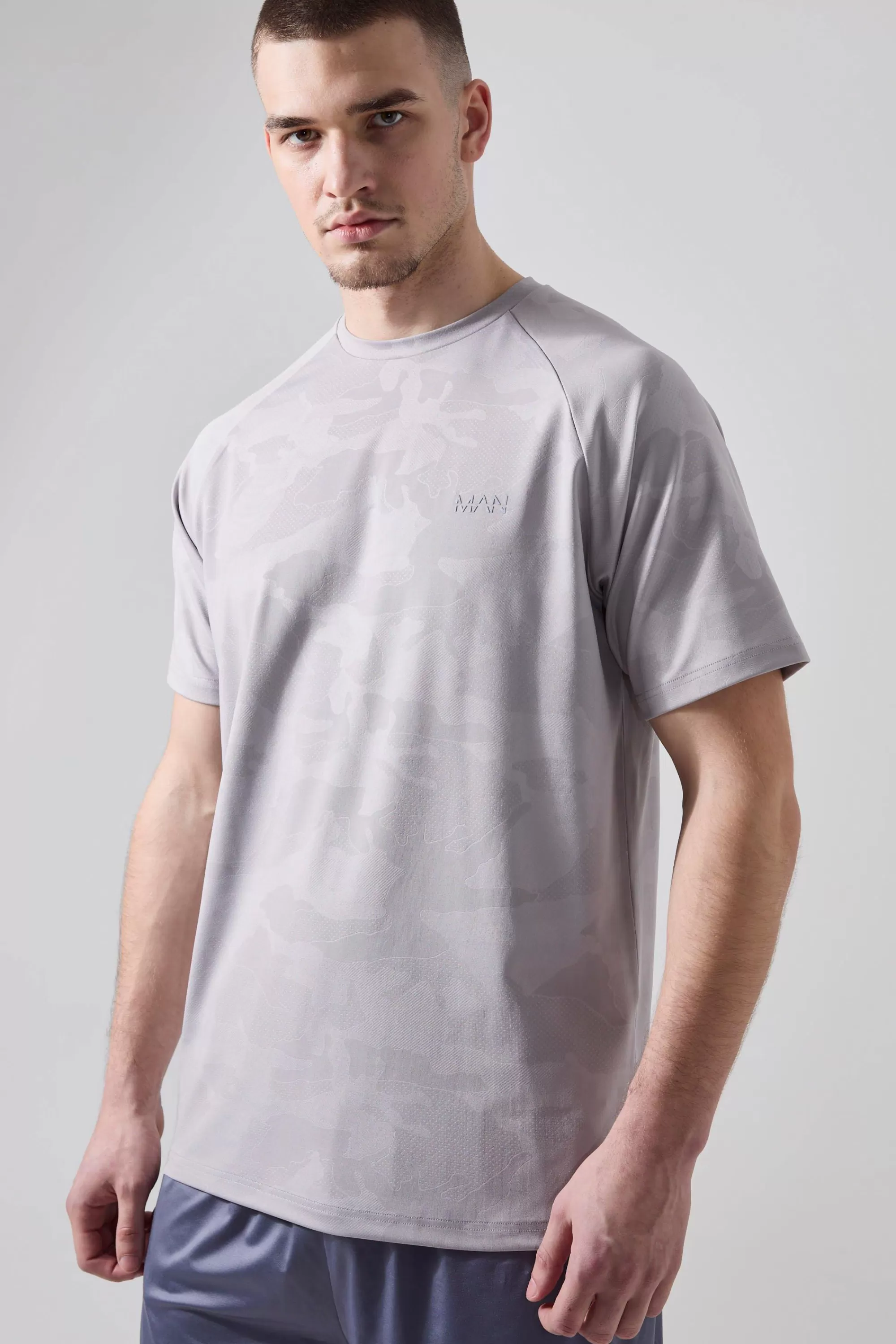 boohooMAN Tall Man Active Camo Raglan Regular Fit Performance T-shirt | UK grey Fashion