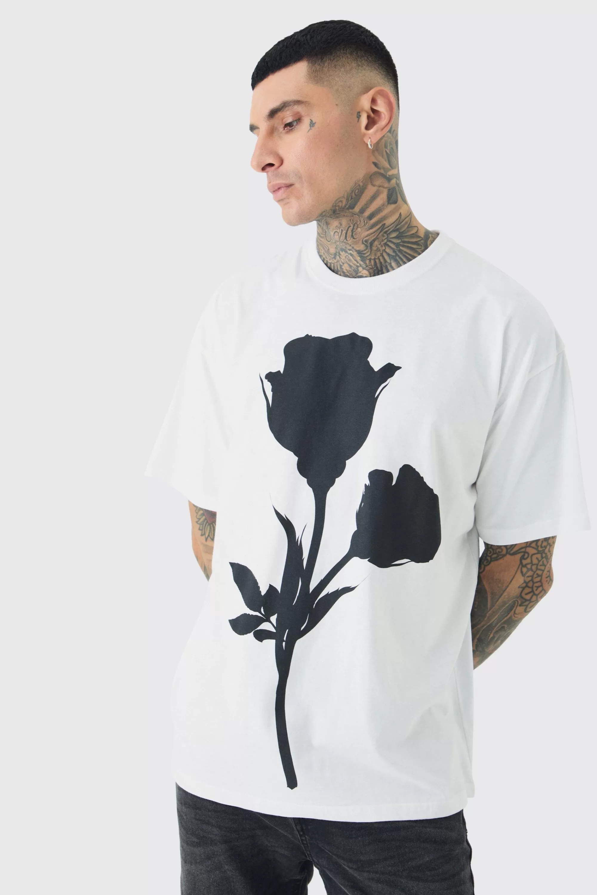 boohooMAN Tall Mono Placement Floral Printed T-shirt In | UK white Hot
