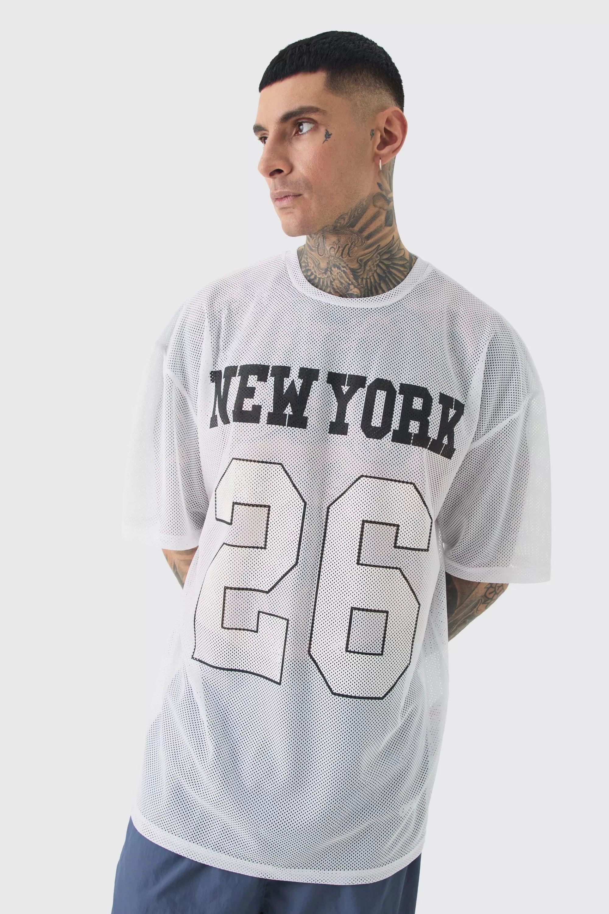 boohooMAN Tall New York Printed Mesh Basketball T-shirt In | UK white Fashion
