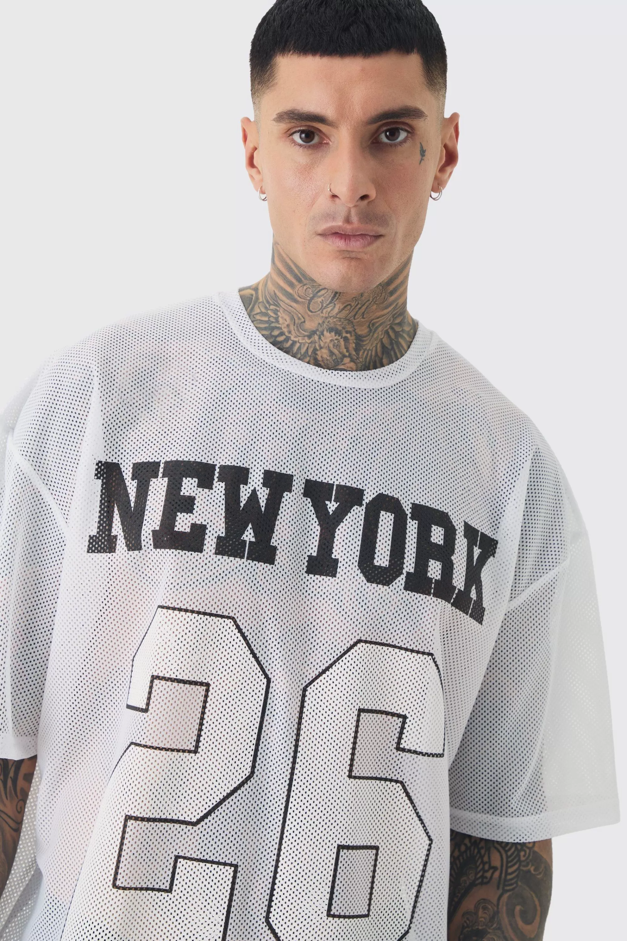 boohooMAN Tall New York Printed Mesh Basketball T-shirt In | UK white Fashion