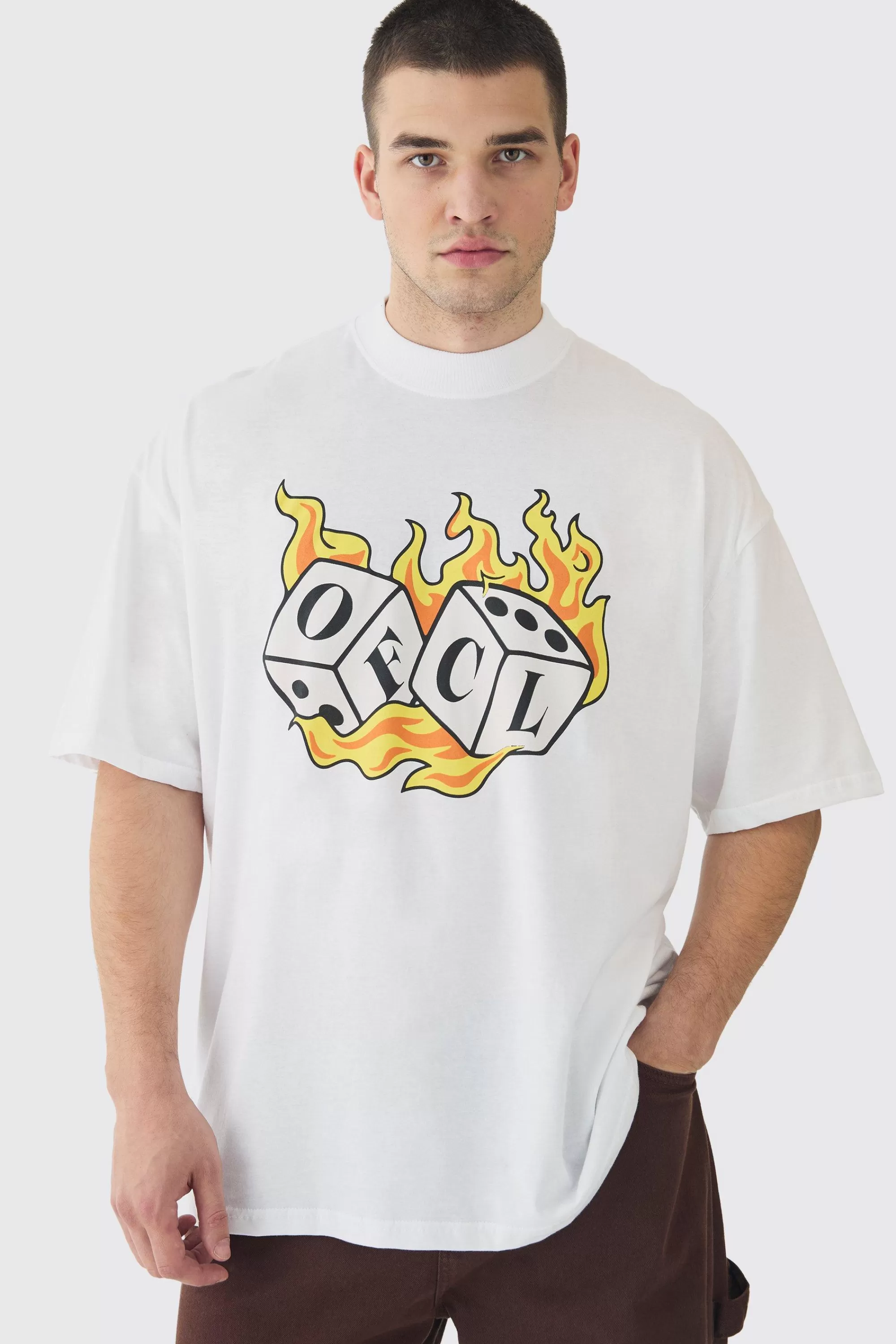 boohooMAN Tall OFCL Flame Dice Printed Extended Neck T-Shirt | UK white Sale