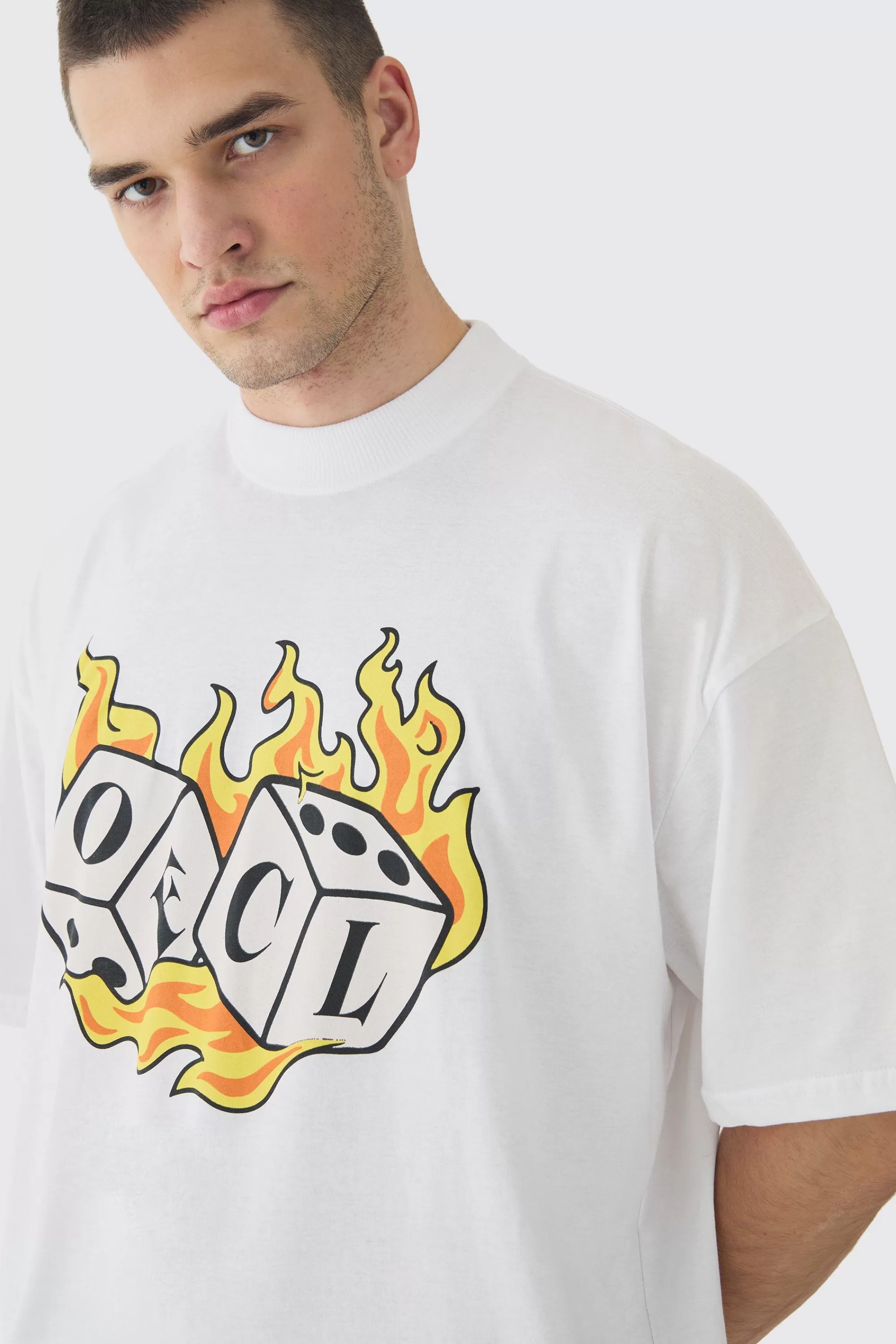 boohooMAN Tall OFCL Flame Dice Printed Extended Neck T-Shirt | UK white Sale