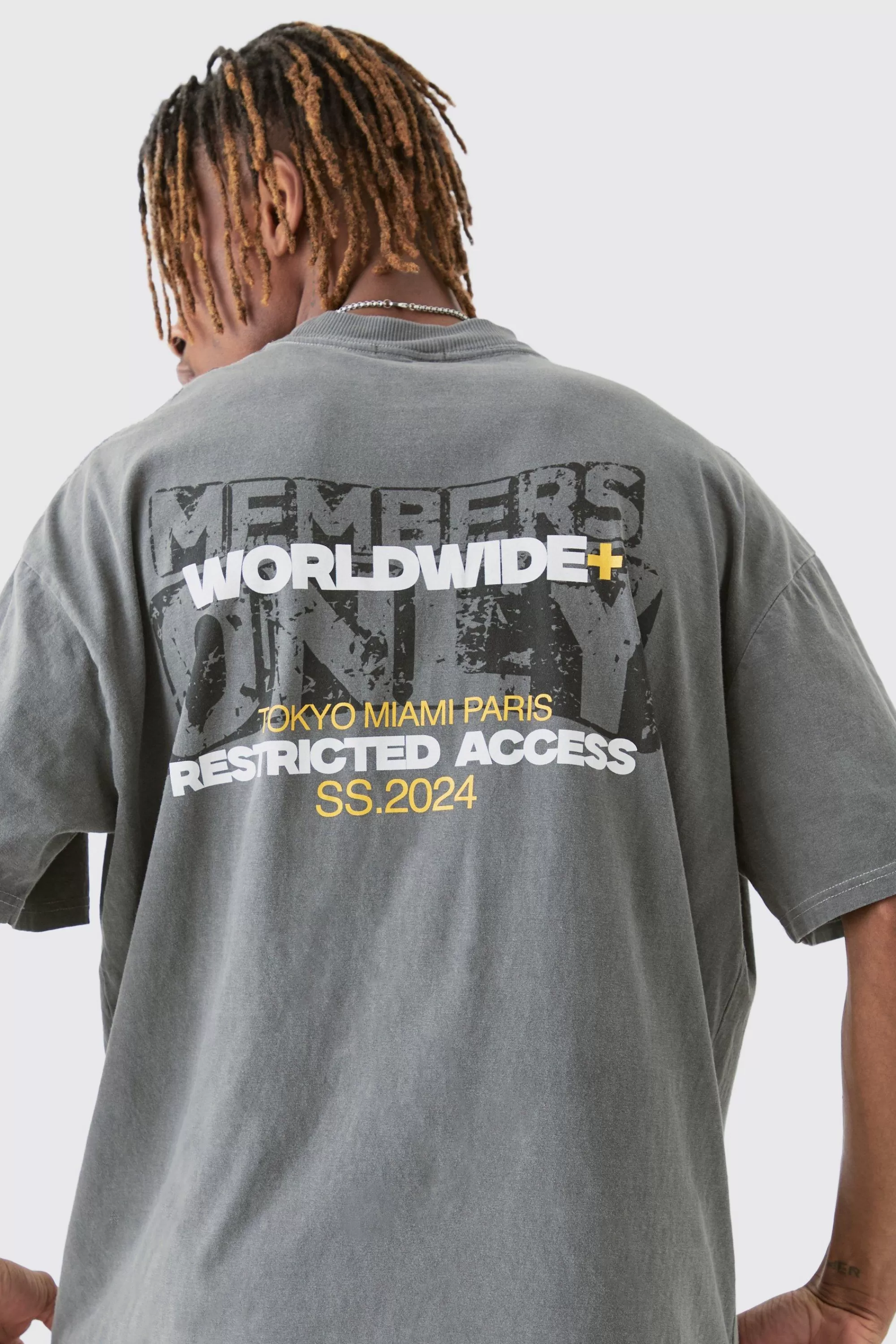 boohooMAN Tall Overdye Wash Worldwide Back Printed T-shirt | UK charcoal Fashion