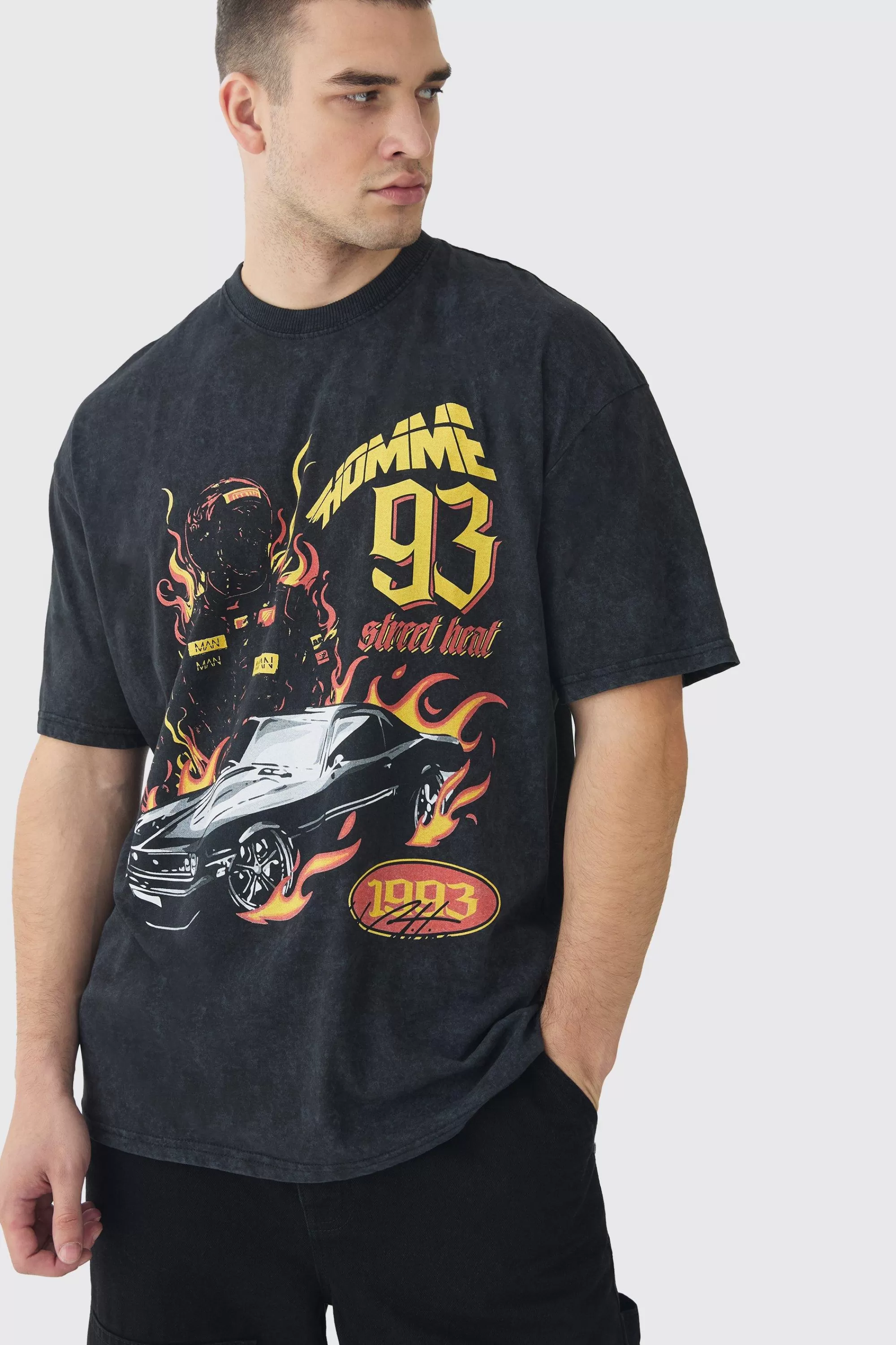 boohooMAN Tall Oversized Acid Washed Moto Print T-Shirt | UK charcoal Clearance
