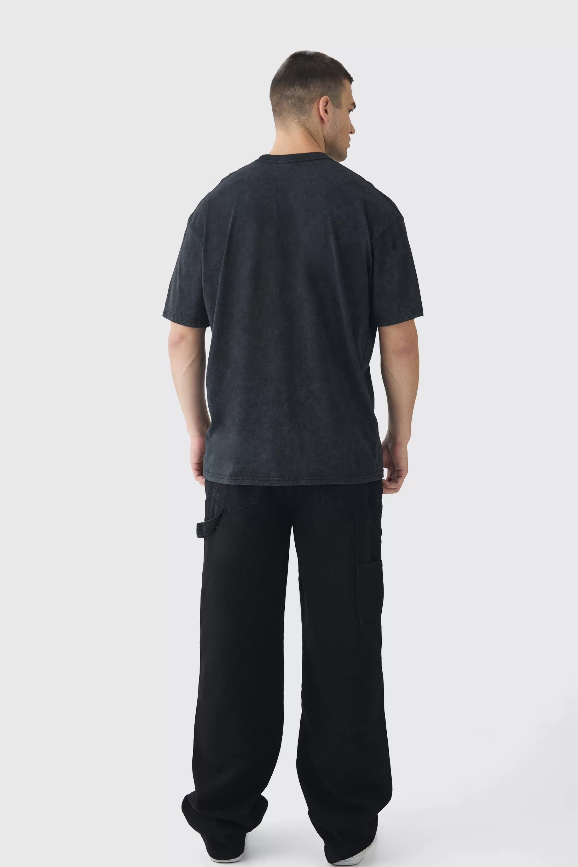 boohooMAN Tall Oversized Acid Washed Moto Print T-Shirt | UK charcoal Clearance