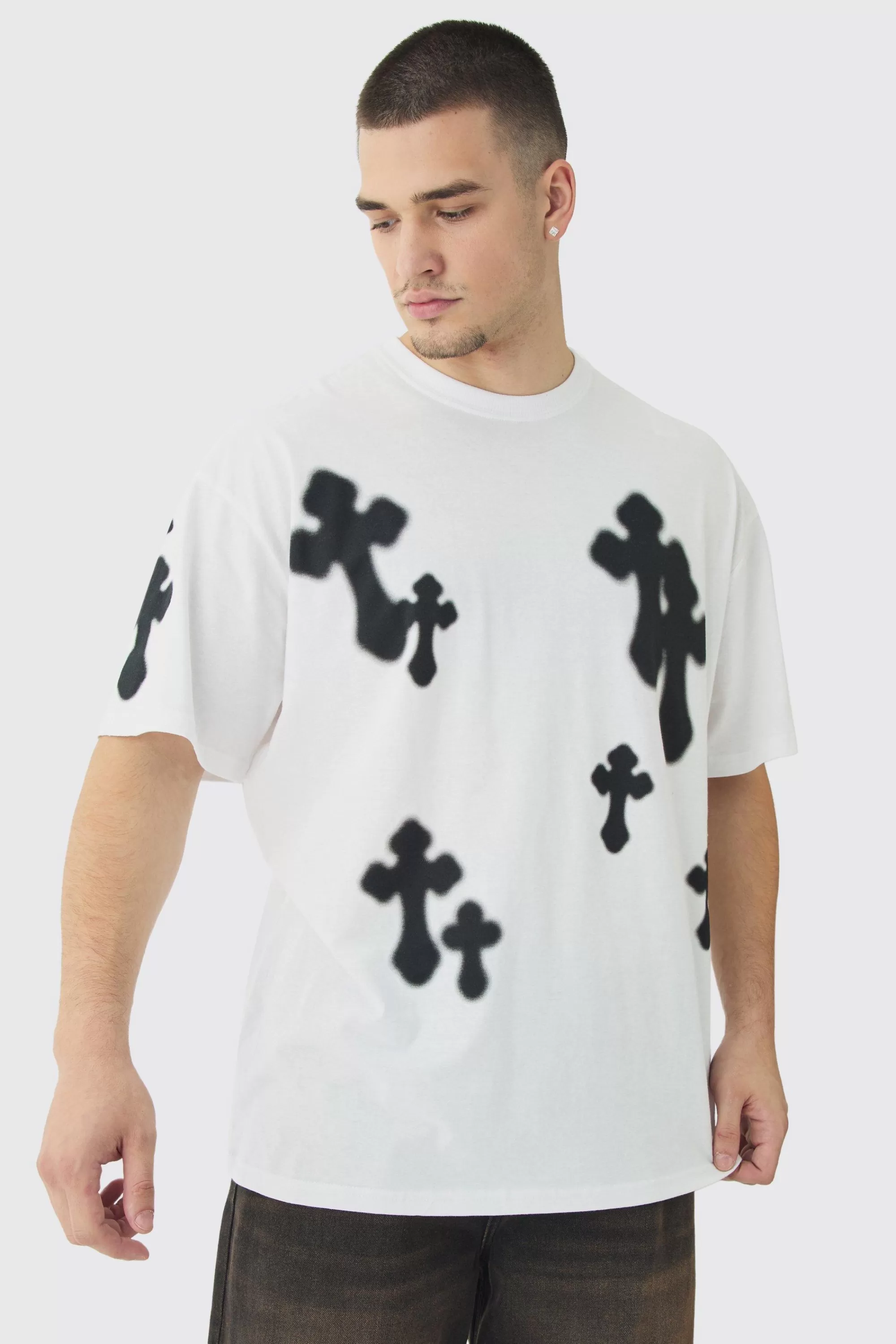 boohooMAN Tall Oversized Airbrush Cross Print T-Shirt | UK white Discount