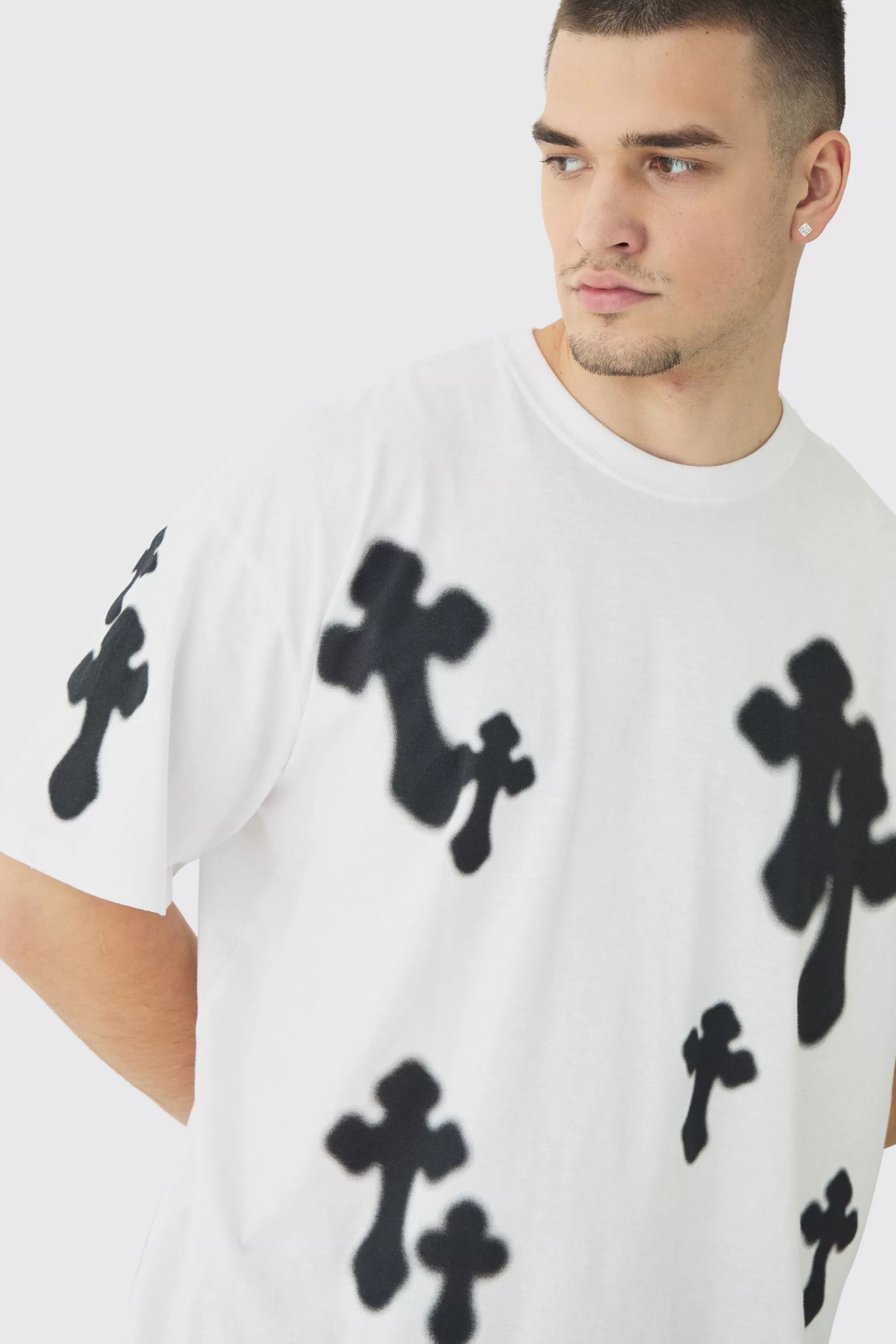 boohooMAN Tall Oversized Airbrush Cross Print T-Shirt | UK white Discount