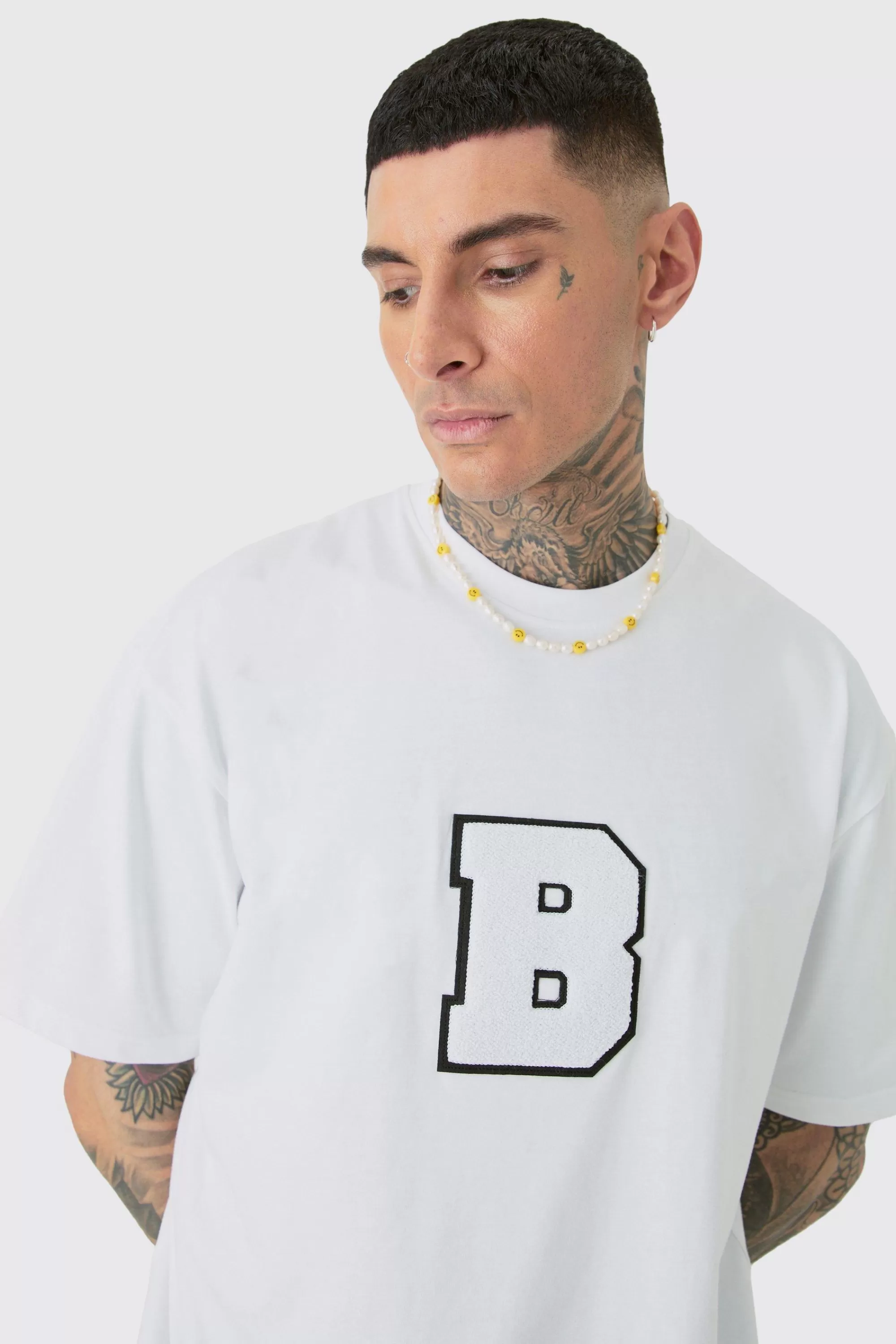 boohooMAN Tall Oversized Applique T-shirt | UK white Shop