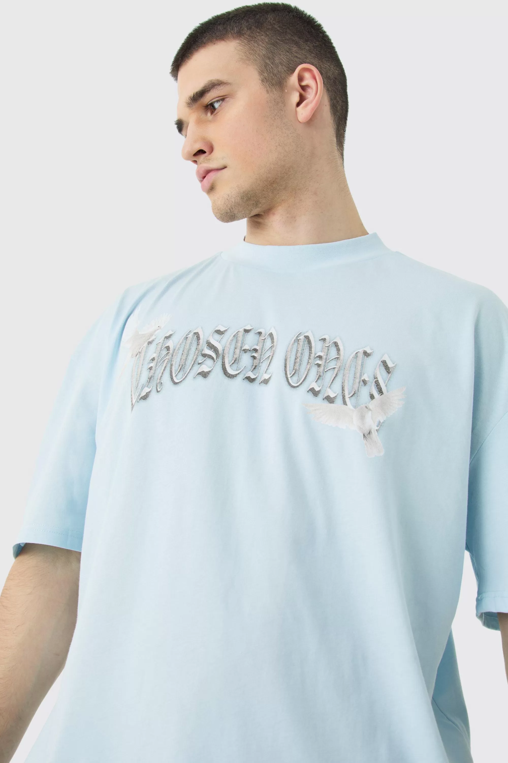 boohooMAN Tall Oversized Boxy Extended Neck Bird T-shirt | UK light blue Clearance