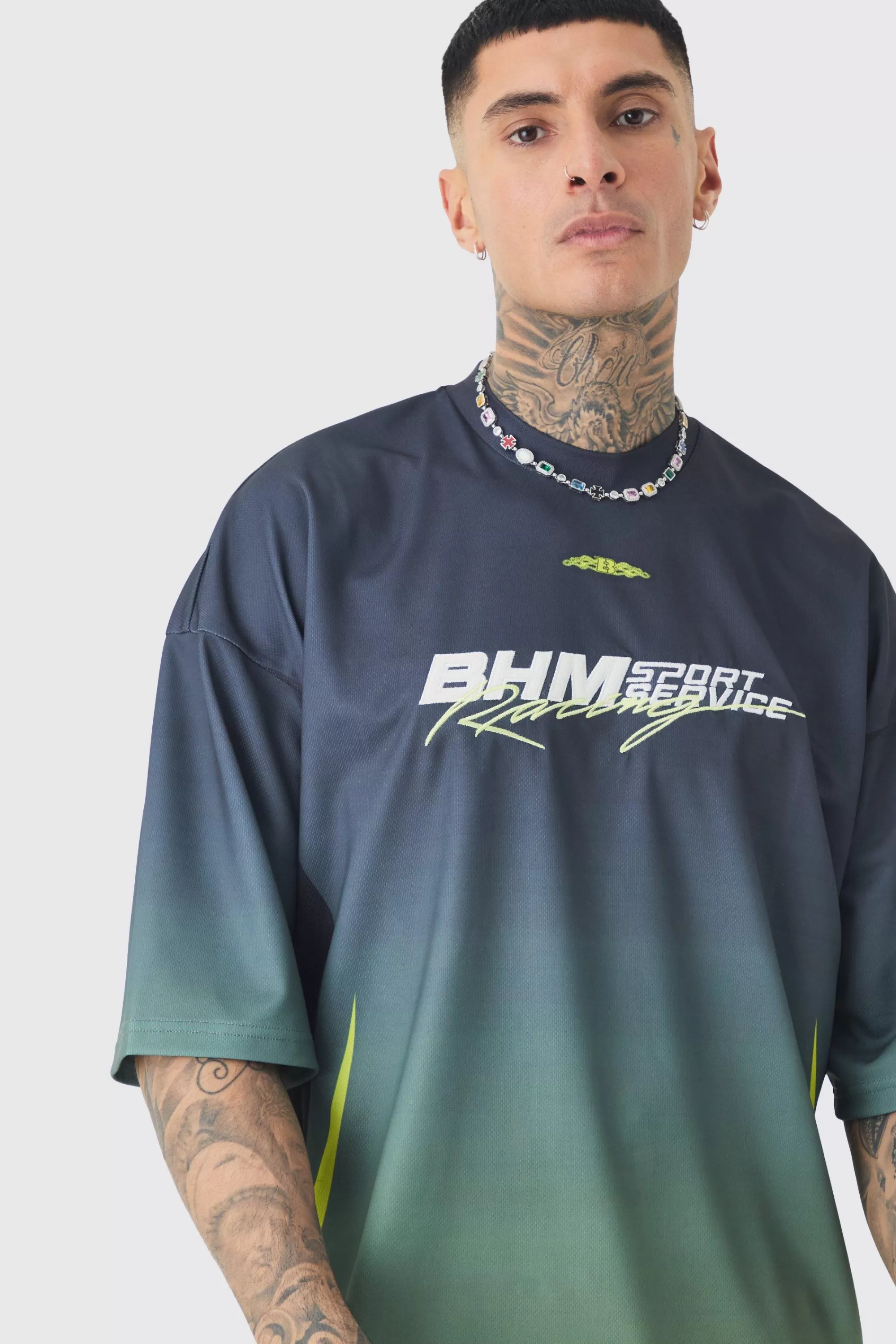 boohooMAN Tall Oversized Boxy Mesh Applique Ombre Printed T-shirt | UK multi Cheap