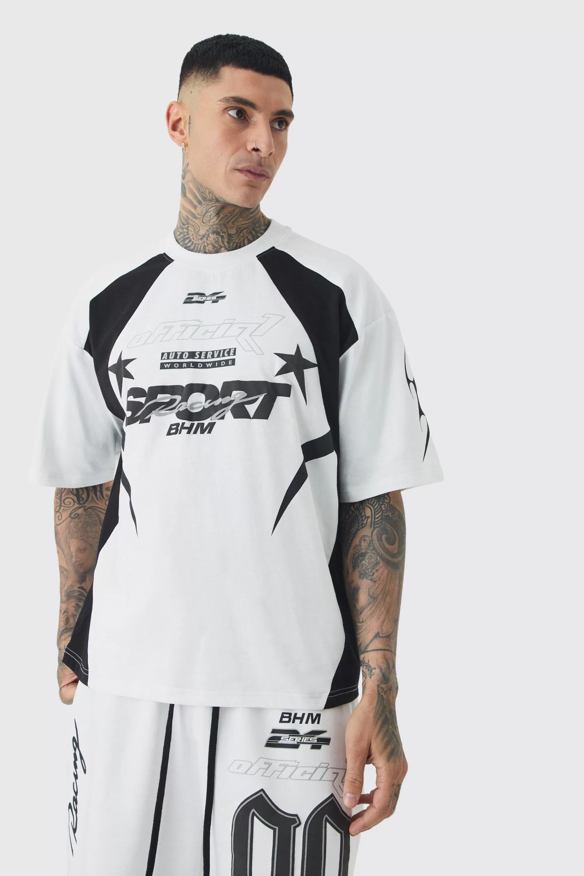 boohooMAN Tall Oversized Boxy Puff Print Moto Extended Neck Tshirt | UK white Best