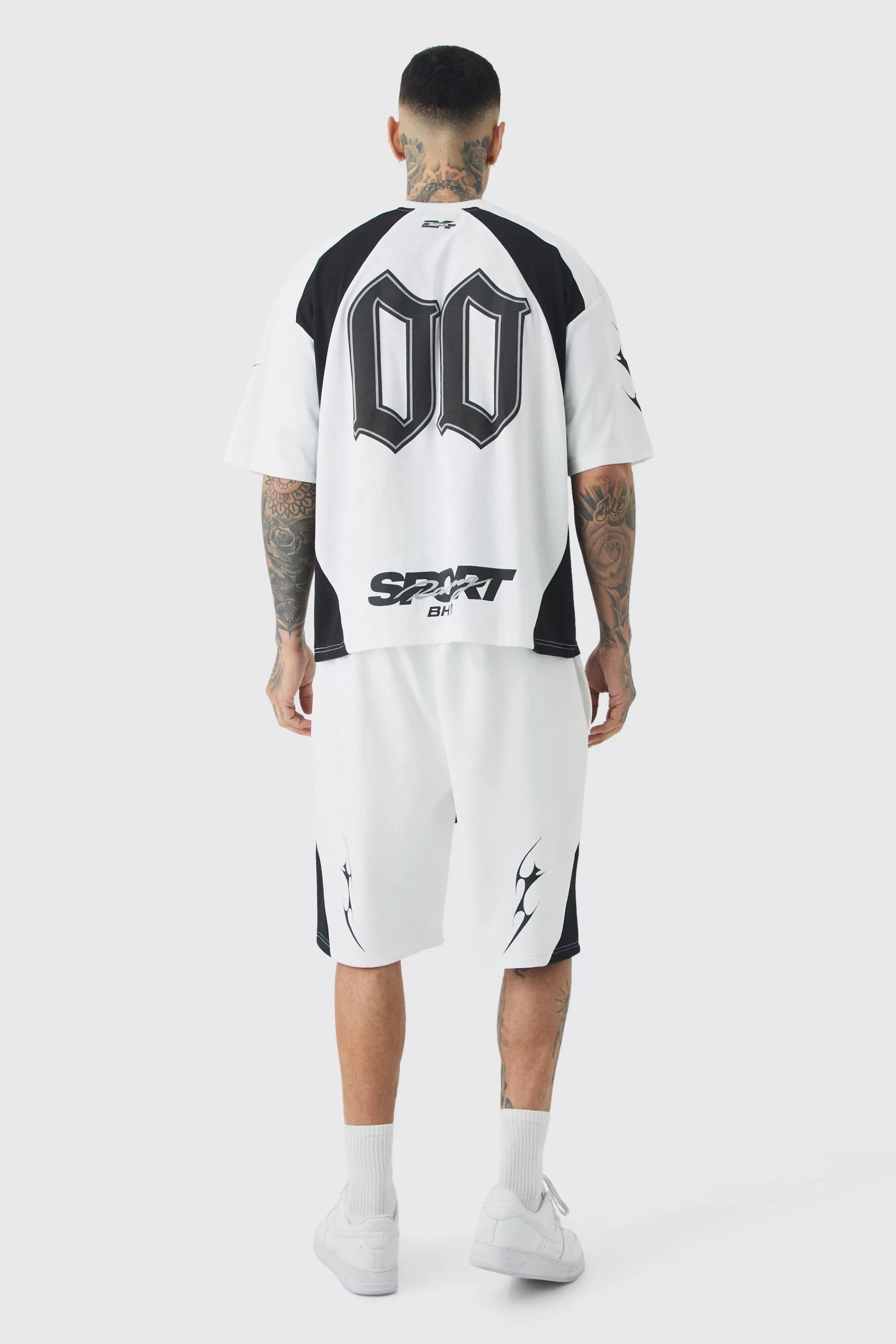 boohooMAN Tall Oversized Boxy Puff Print Moto Extended Neck Tshirt | UK white Best