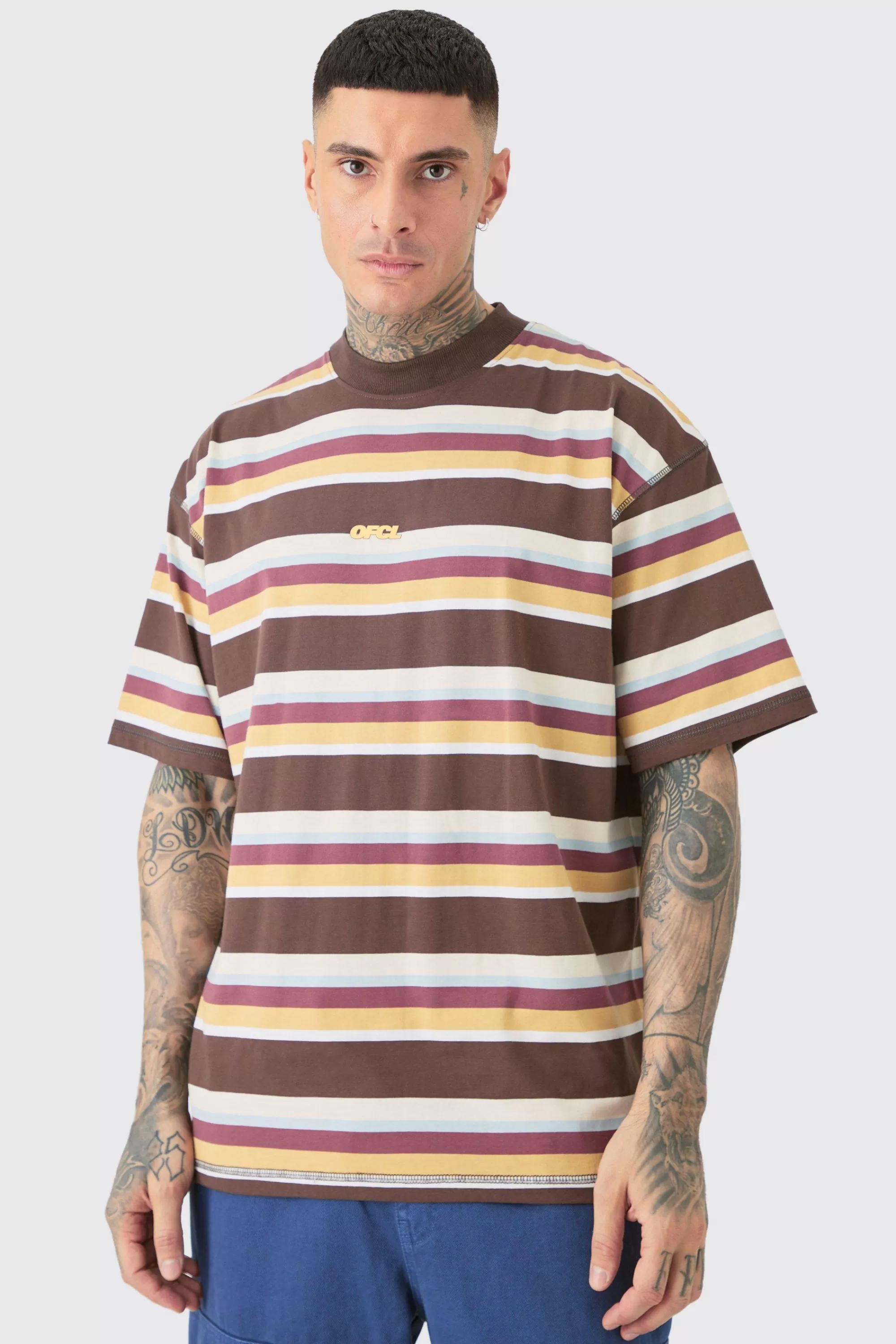 boohooMAN Tall Oversized Carded Heavy Striped Ofcl T-shirt | UK brown Cheap