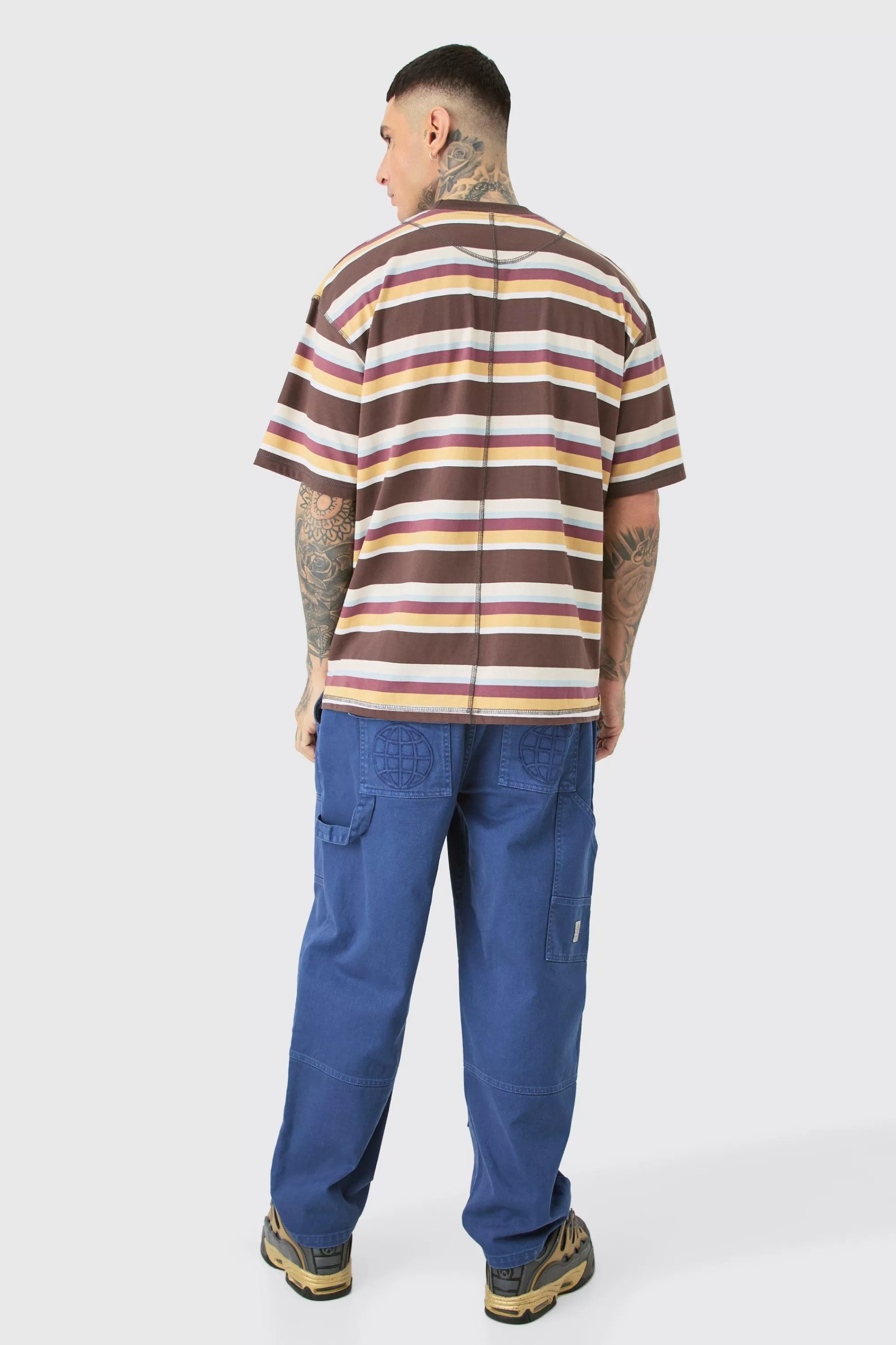 boohooMAN Tall Oversized Carded Heavy Striped Ofcl T-shirt | UK brown Cheap