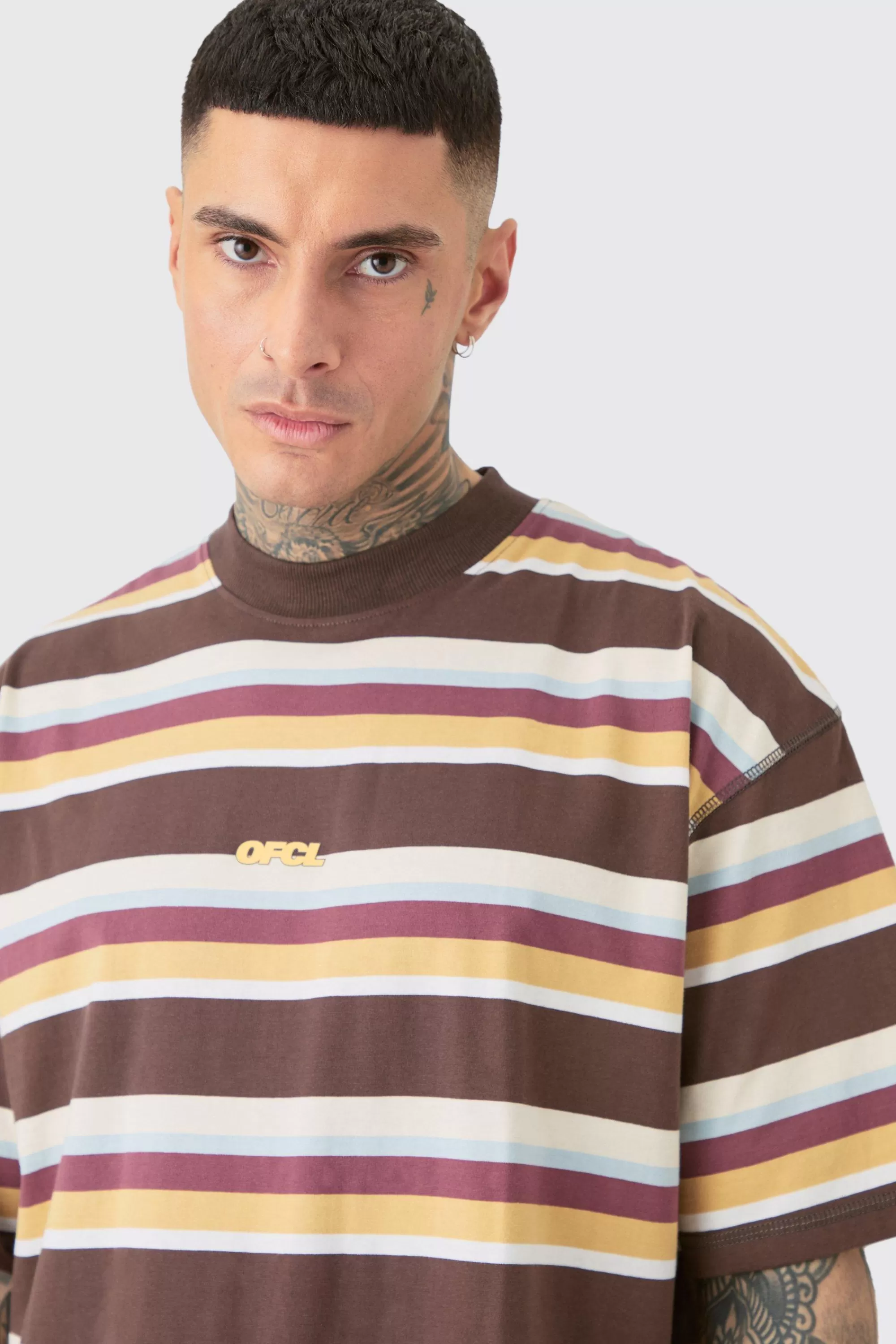 boohooMAN Tall Oversized Carded Heavy Striped Ofcl T-shirt | UK brown Cheap