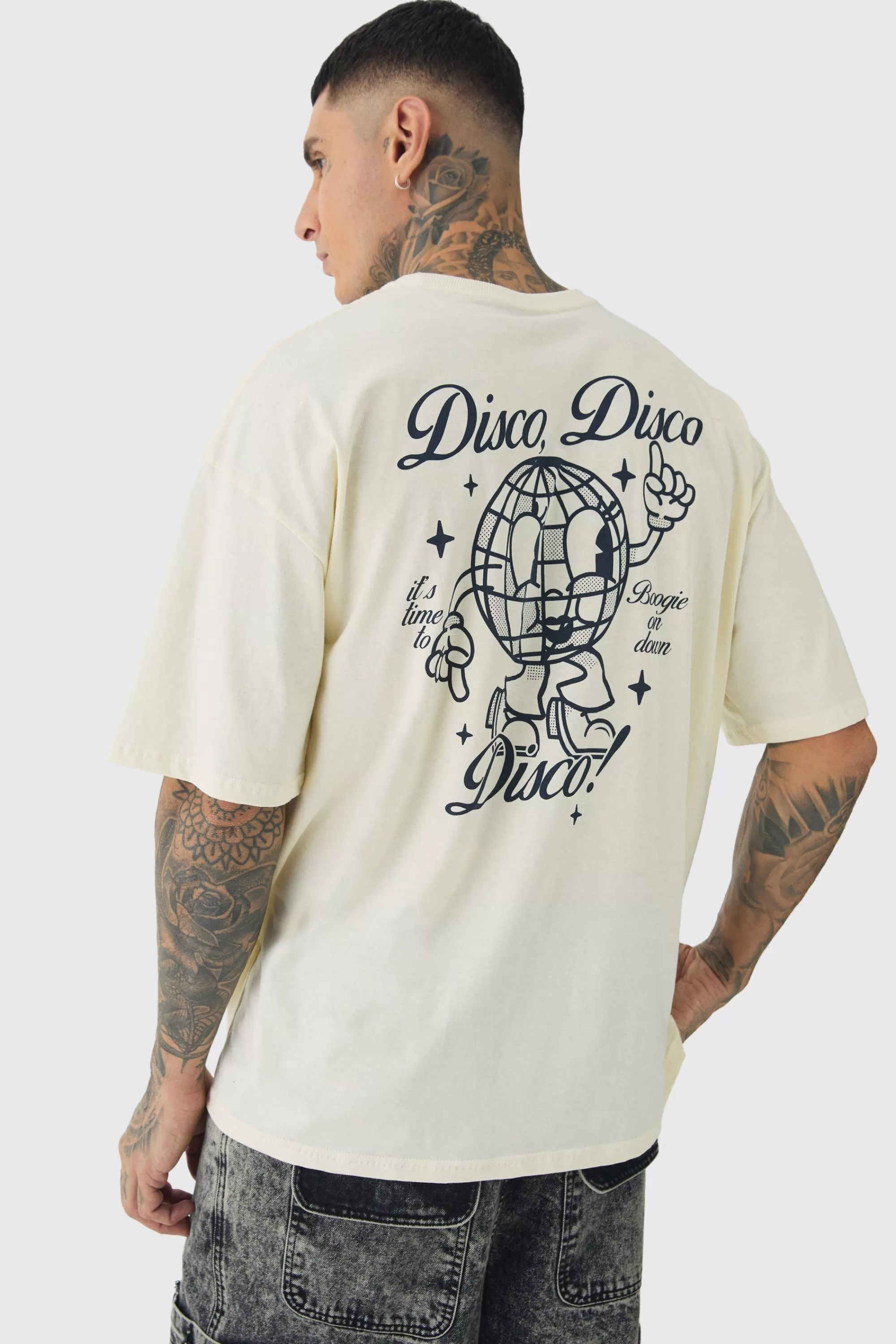 boohooMAN Tall Oversized Disco Graphic T-Shirt | UK ecru Cheap