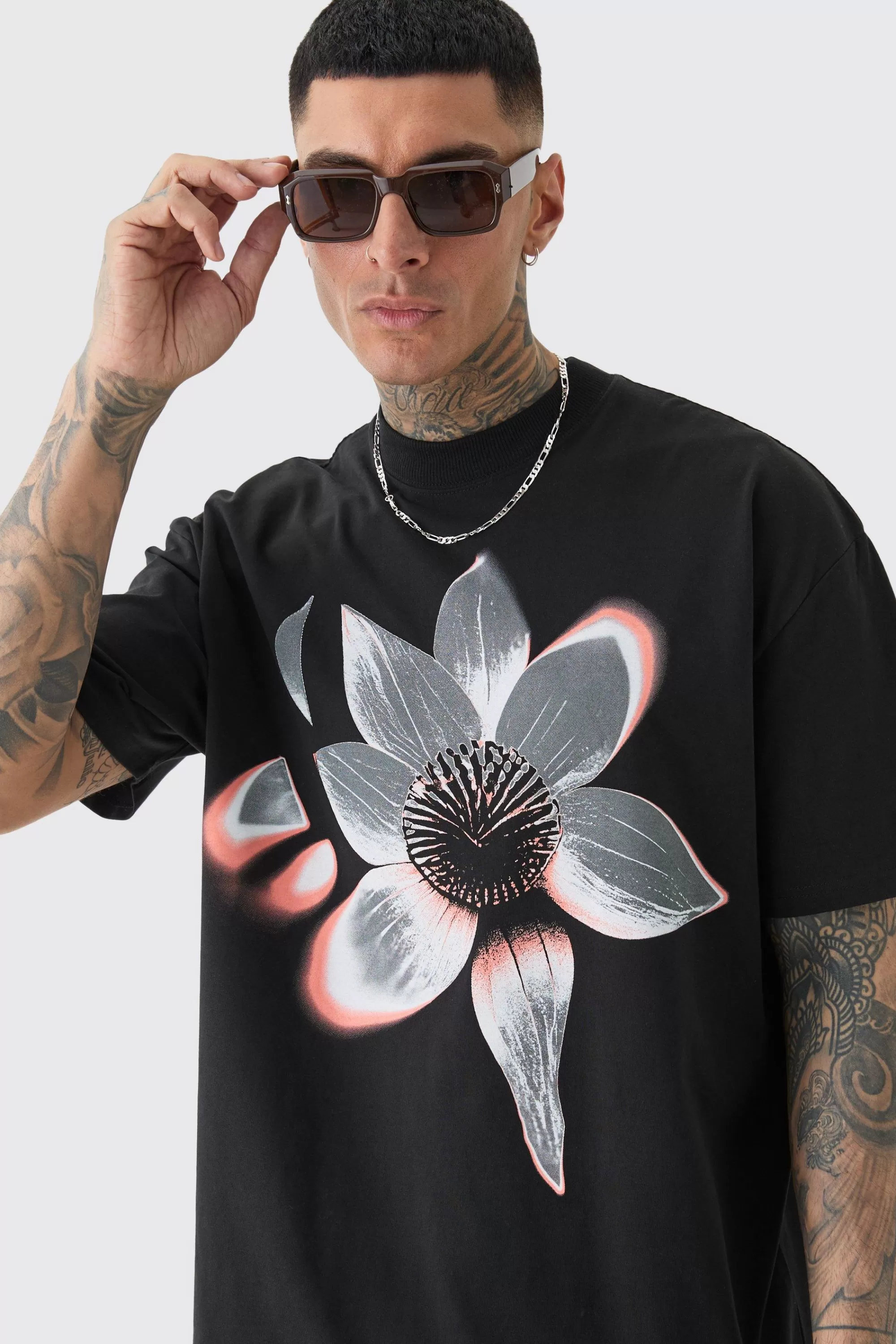 boohooMAN Tall Oversized Extended Neck Abstract Floral Print T-shirt | UK black Best