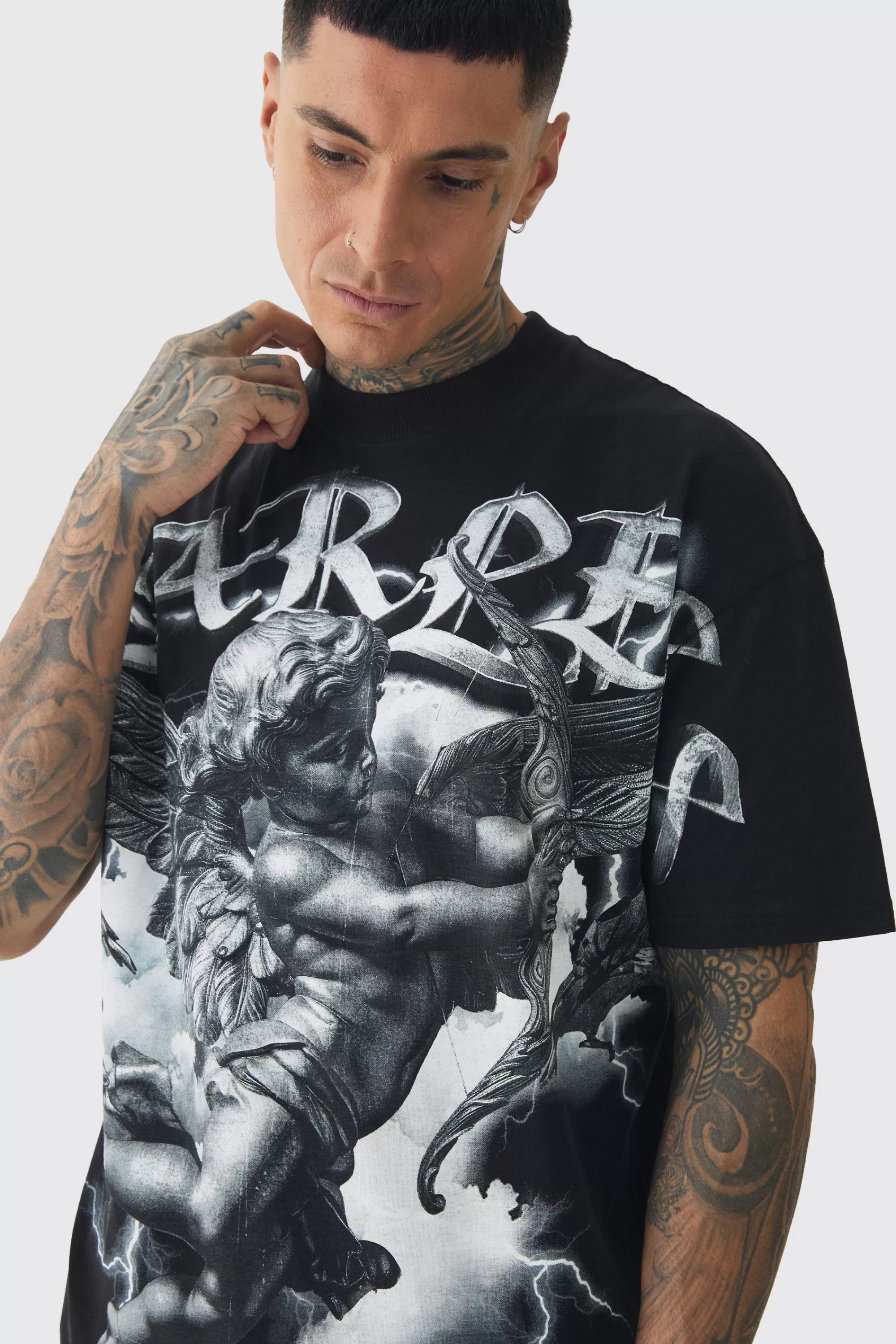 boohooMAN Tall Oversized Extended Neck Cherub Large Scale Print T-Shirt | UK black Clearance