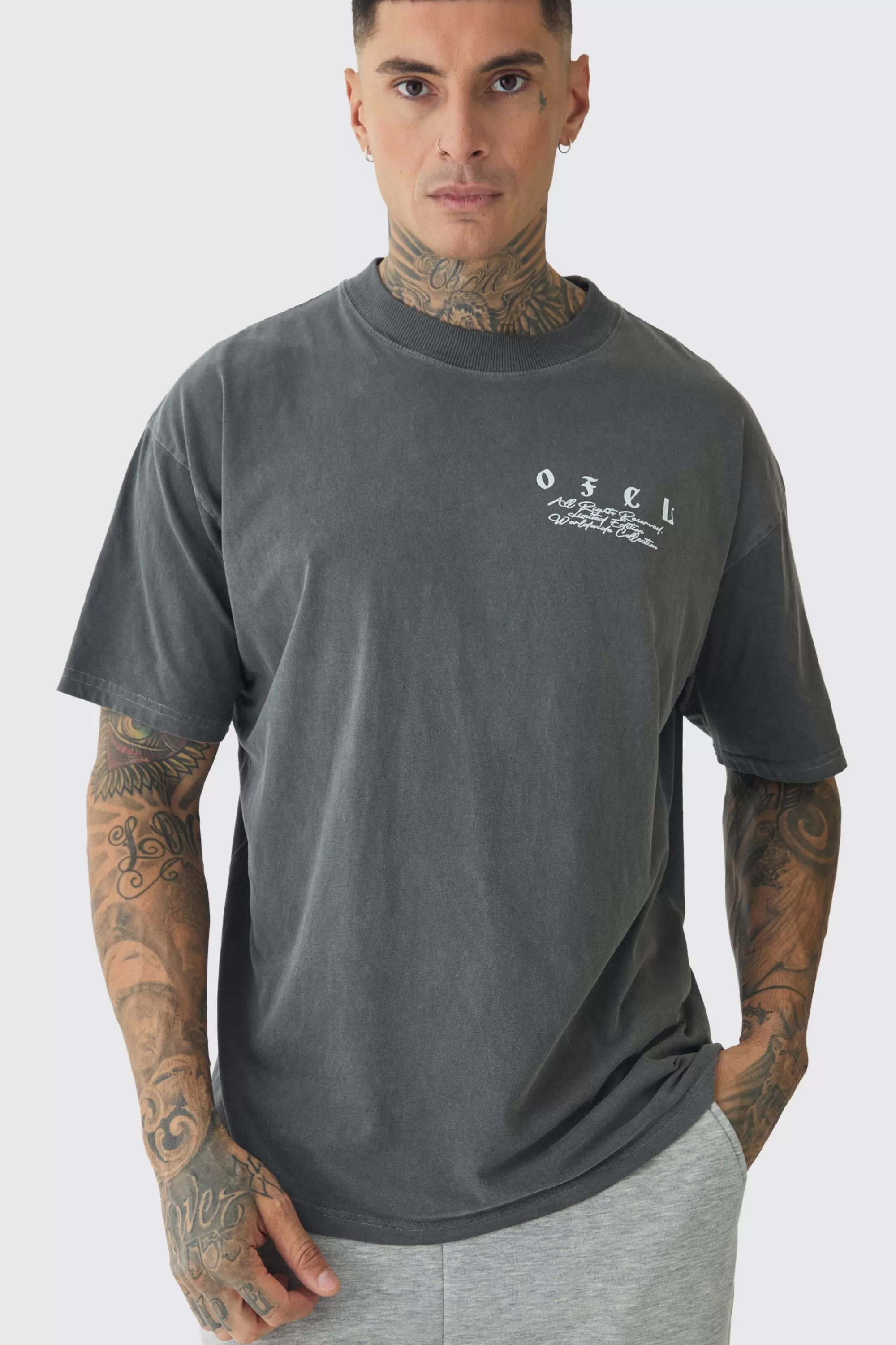 boohooMAN Tall Oversized Extended Neck Flame Rose Print Washed T-shirt | UK charcoal Hot