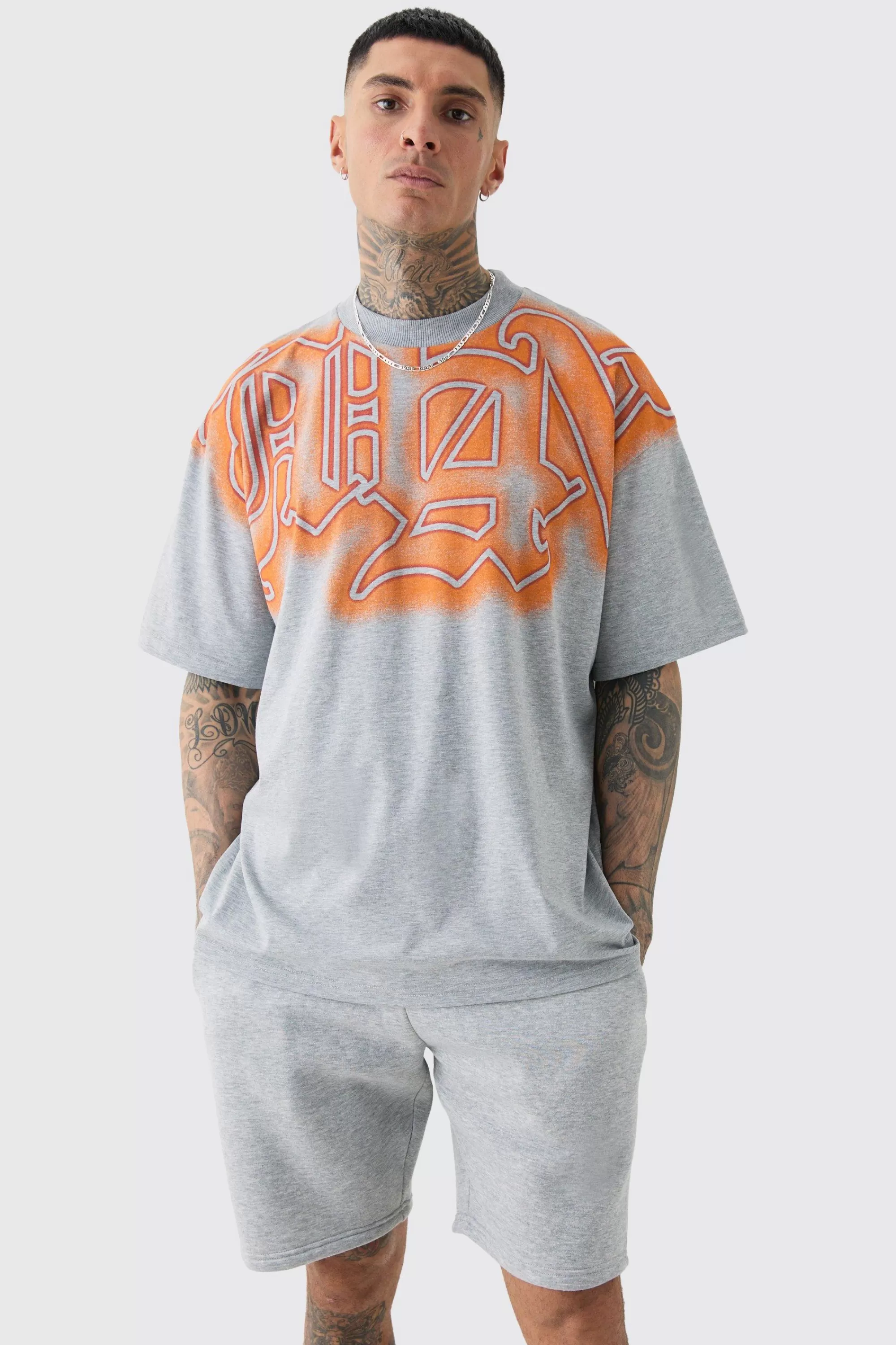 boohooMAN Tall Oversized Extended Neck Gothic Man Grafitti Spray T-shirt | UK grey Shop