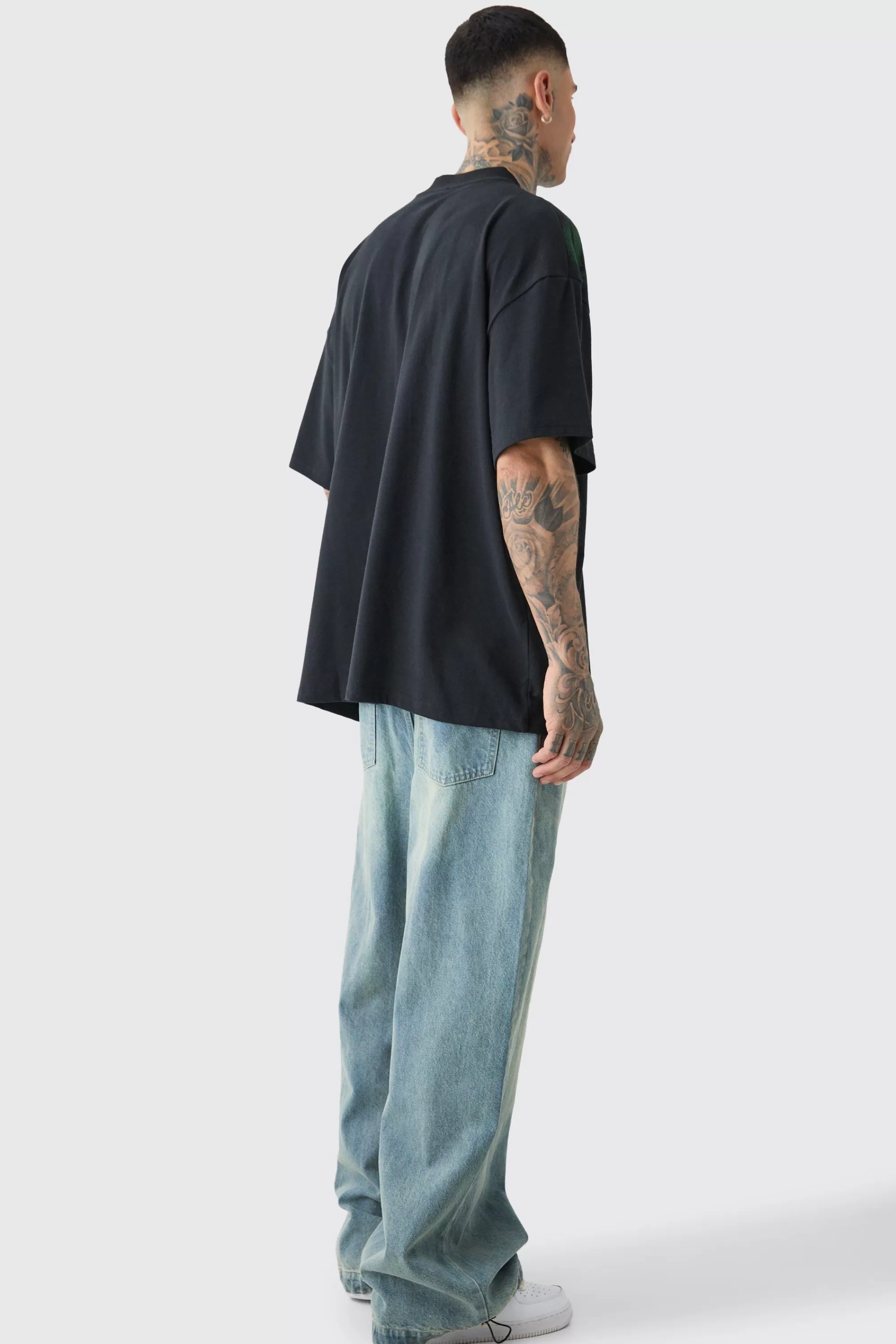 boohooMAN Tall Oversized Extended Neck Gothic Man Grafitti Spray T-shirt | UK black Fashion