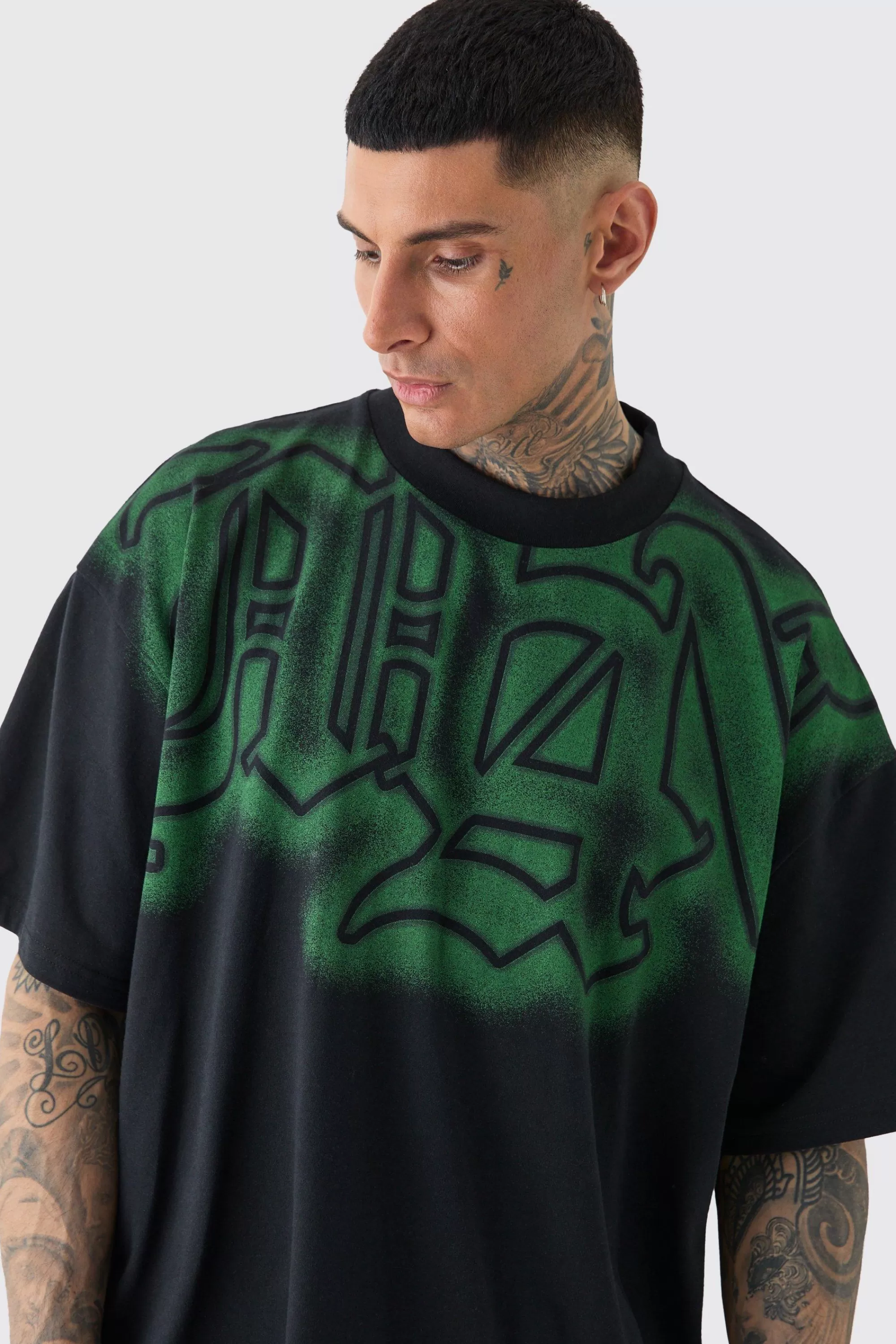 boohooMAN Tall Oversized Extended Neck Gothic Man Grafitti Spray T-shirt | UK black Fashion