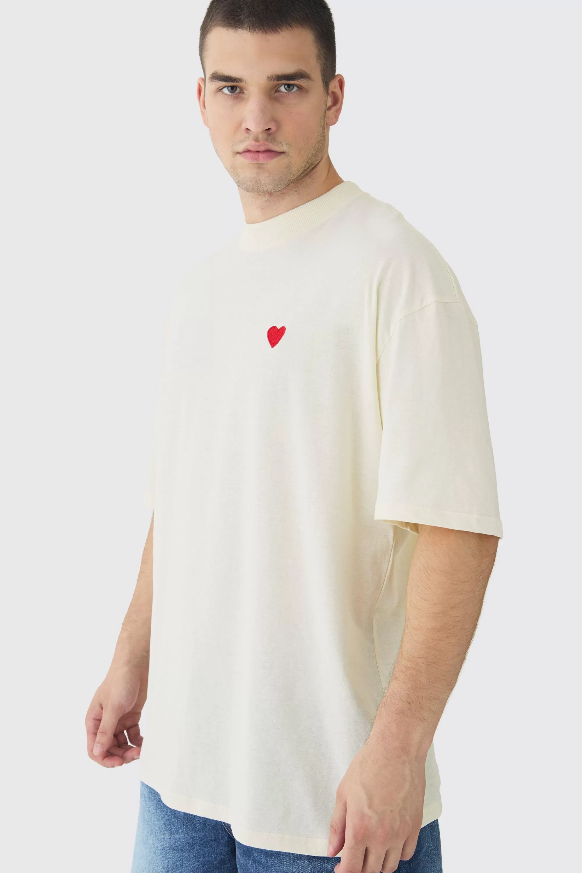 boohooMAN Tall Oversized Extended Neck Heart Embroidered T-Shirt | UK ecru Online
