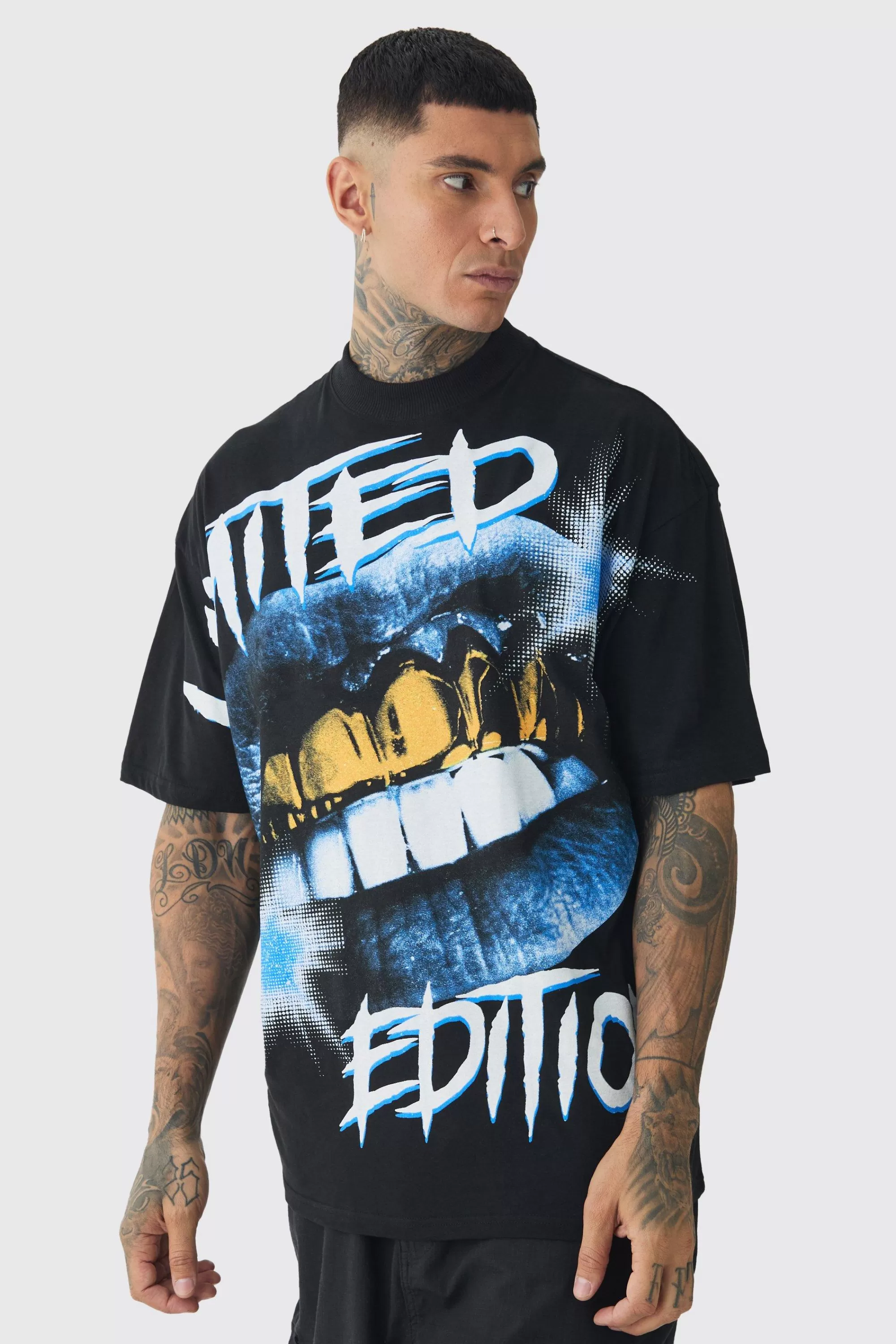 boohooMAN Tall Oversized Extended Neck Limited Large Scale Print T-Shirt | UK black Shop