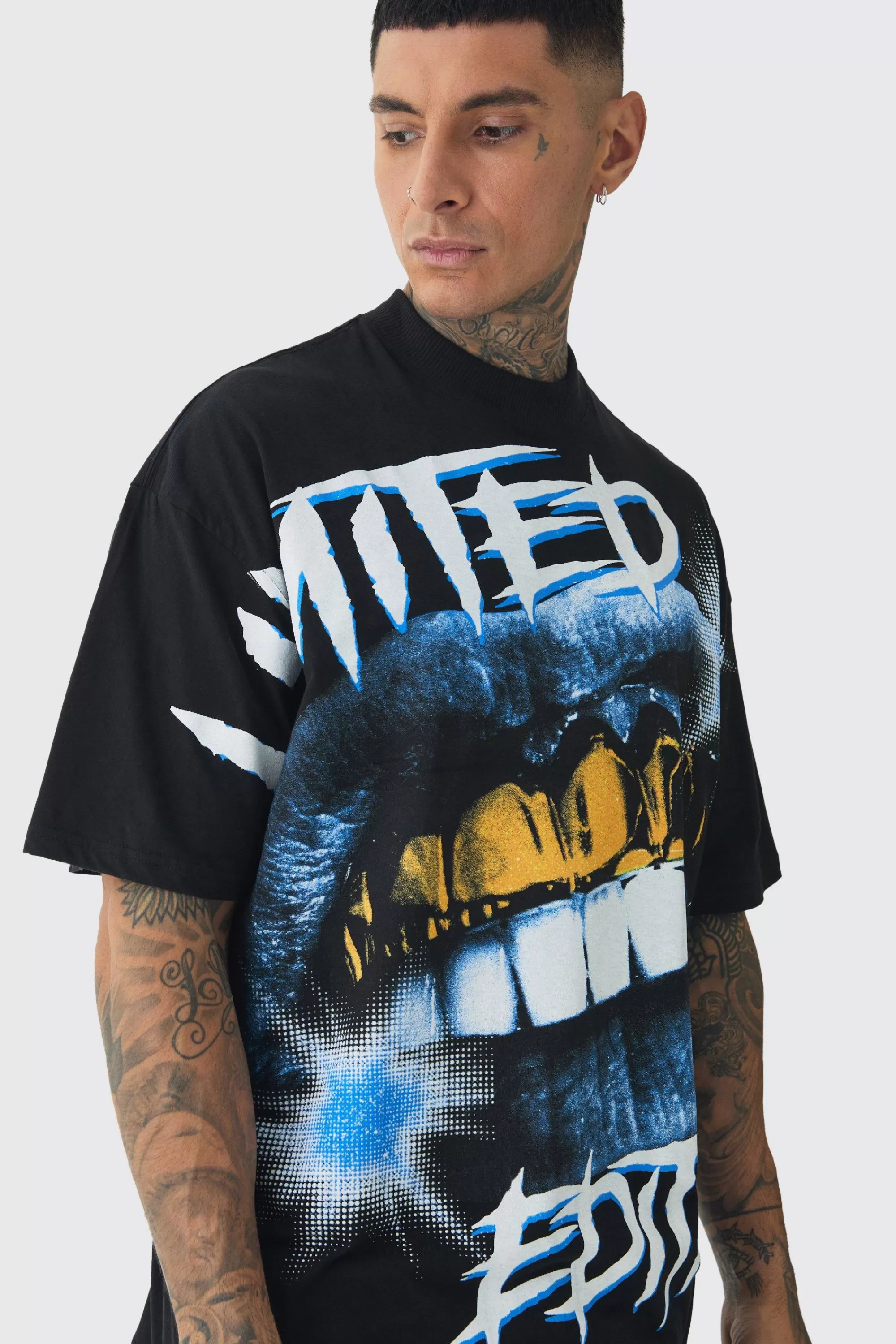 boohooMAN Tall Oversized Extended Neck Limited Large Scale Print T-Shirt | UK black Shop