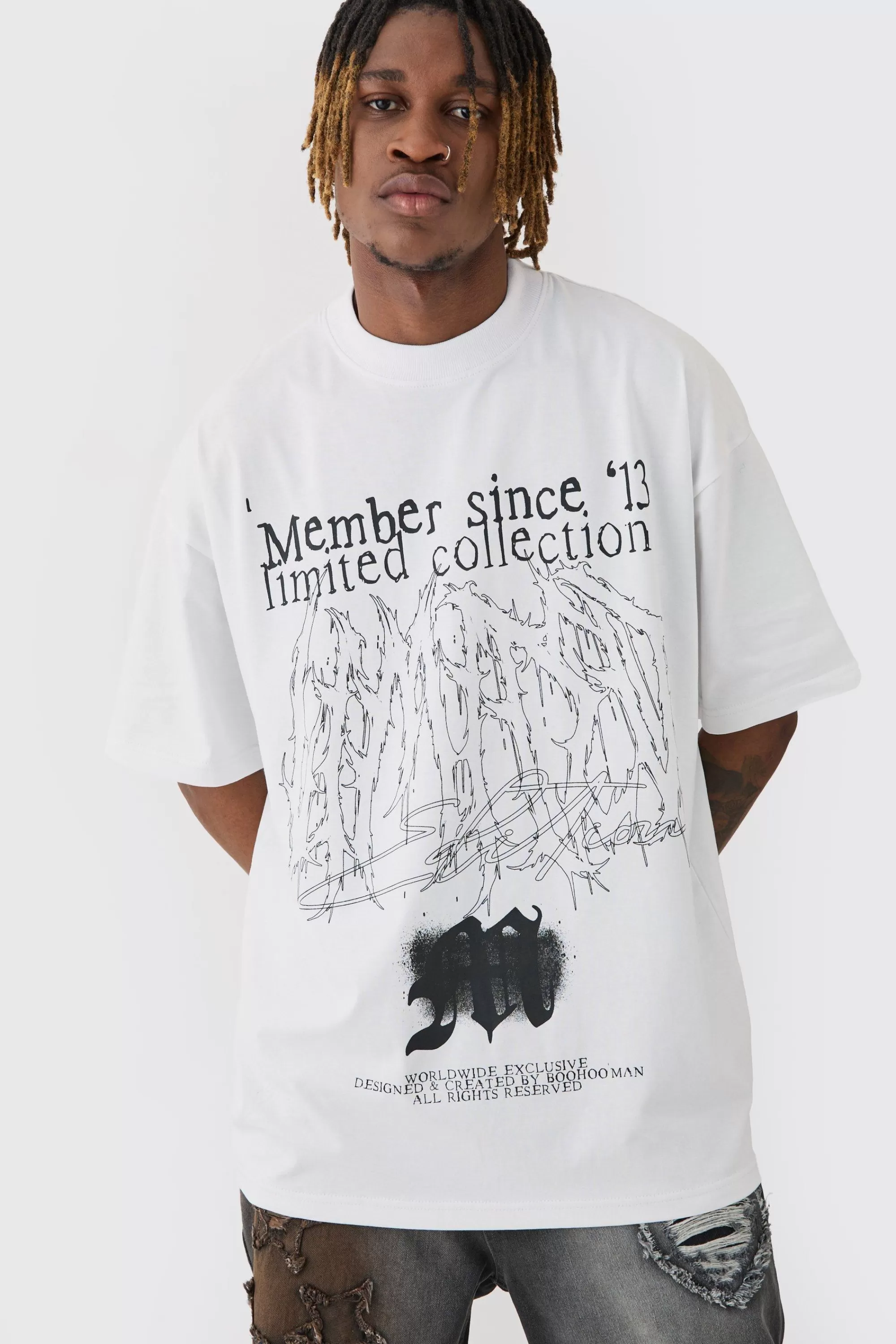 boohooMAN Tall Oversized Extended Neck Limited Print T-shirt | UK white Cheap