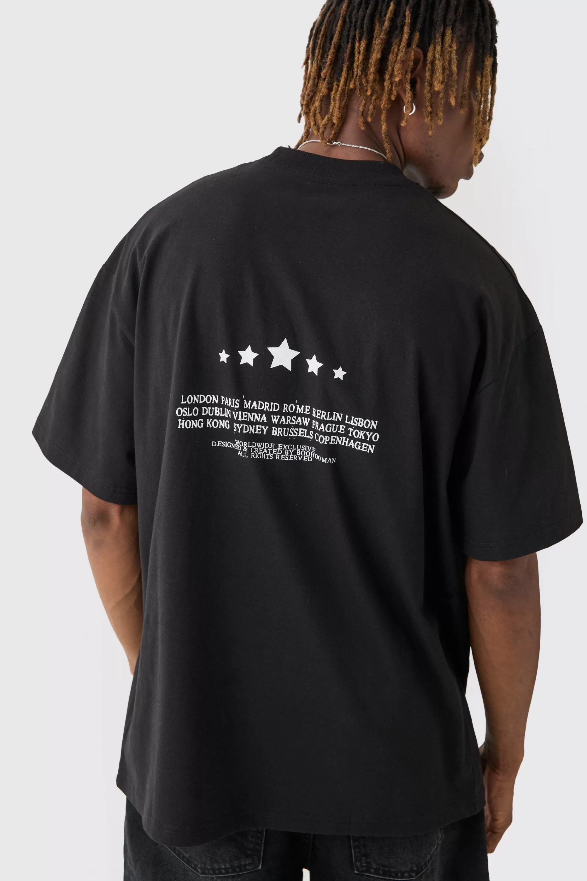 boohooMAN Tall Oversized Extended Neck Limited Print T-shirt | UK black New